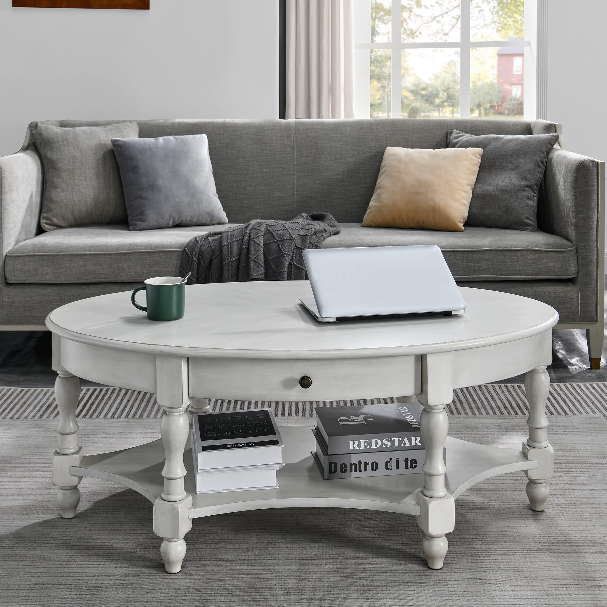 LEEMTORIG Oval Coffee Table for Living Room, 2-Tier Solid Wood Coffee Table with Storage Drawer, Victorian Antique Ellipse Coffe