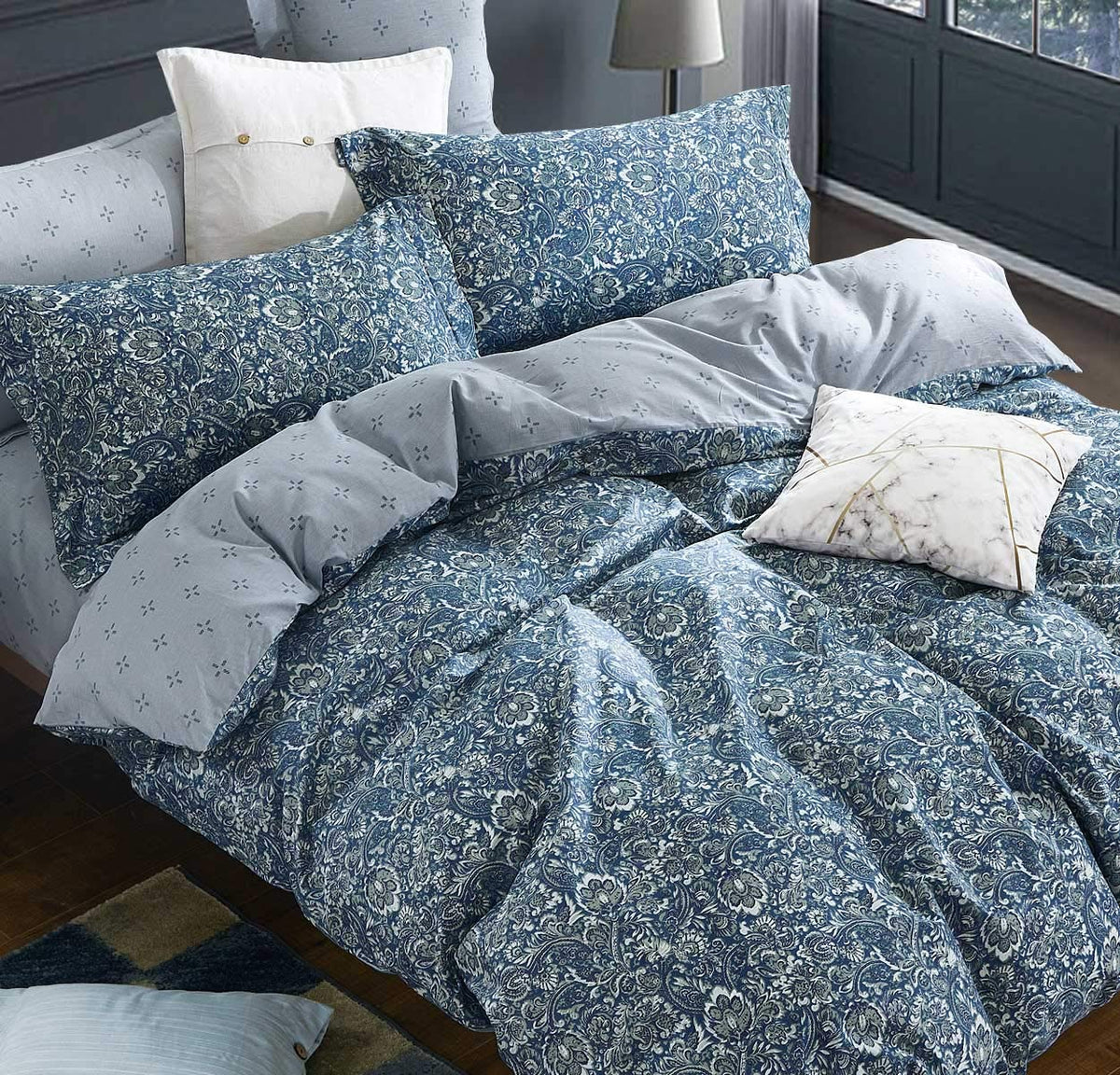 Sleepbella Duvet Cover Queen, 600 Thread Count Cotton Blue & Green Paisley Floral Pattern Comforter Reversible Cover