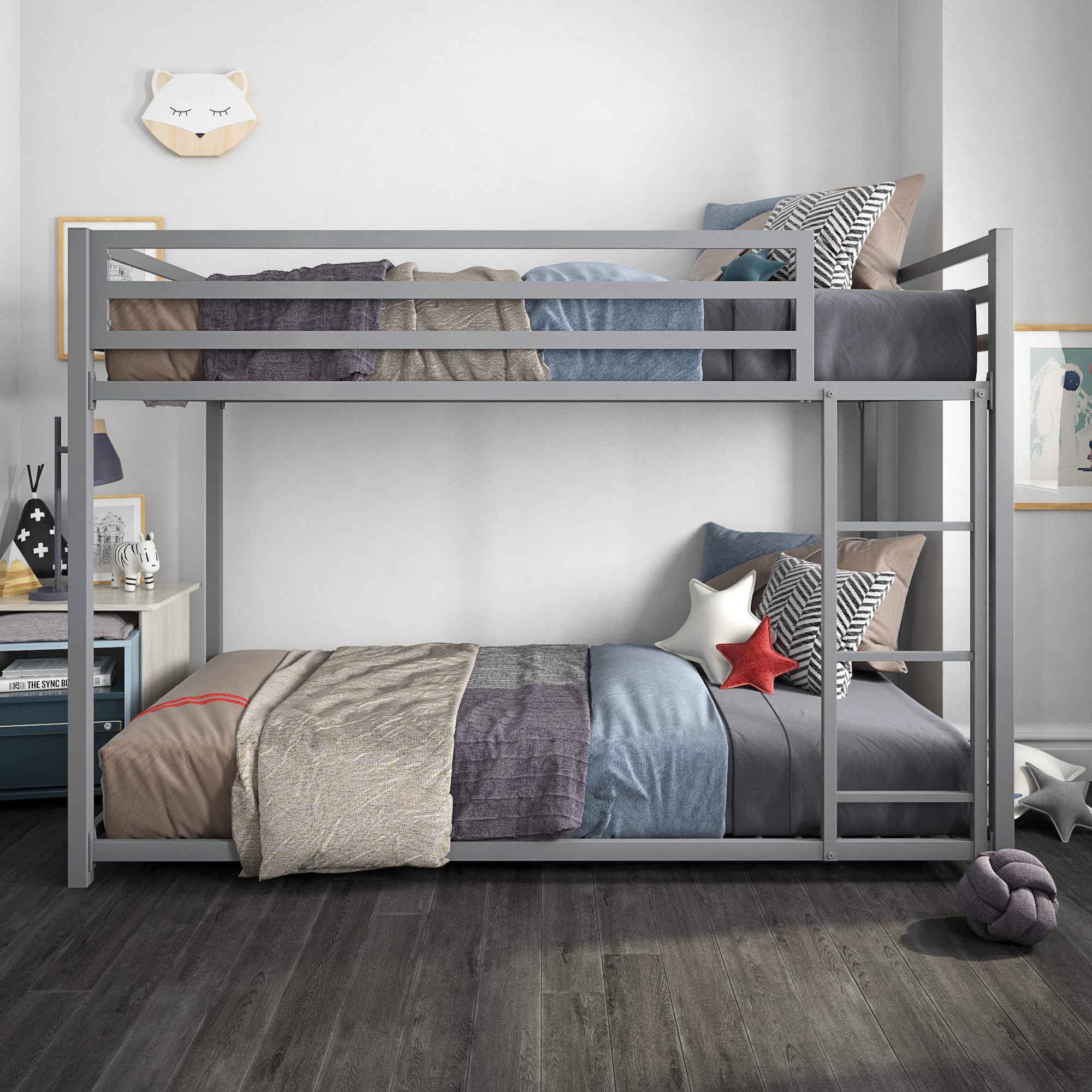 Dhp Miles Low Metal Bunk Bed Frame For Kids, With Built-In Ladder, High Guardrail And Metal Slats, Floor Bed Bottom Bunk, No Boxspring Required, For Small Spaces, Twin-Over-Twin, Silver