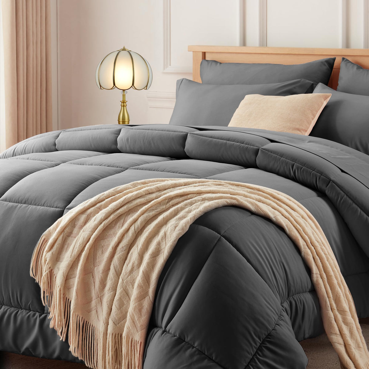 Newspin King Bed In A Bag - 7 Pieces Dark Grey Comforter Set, All Season Ultra Soft Bedding Comforter Set With Comforter, Flat S