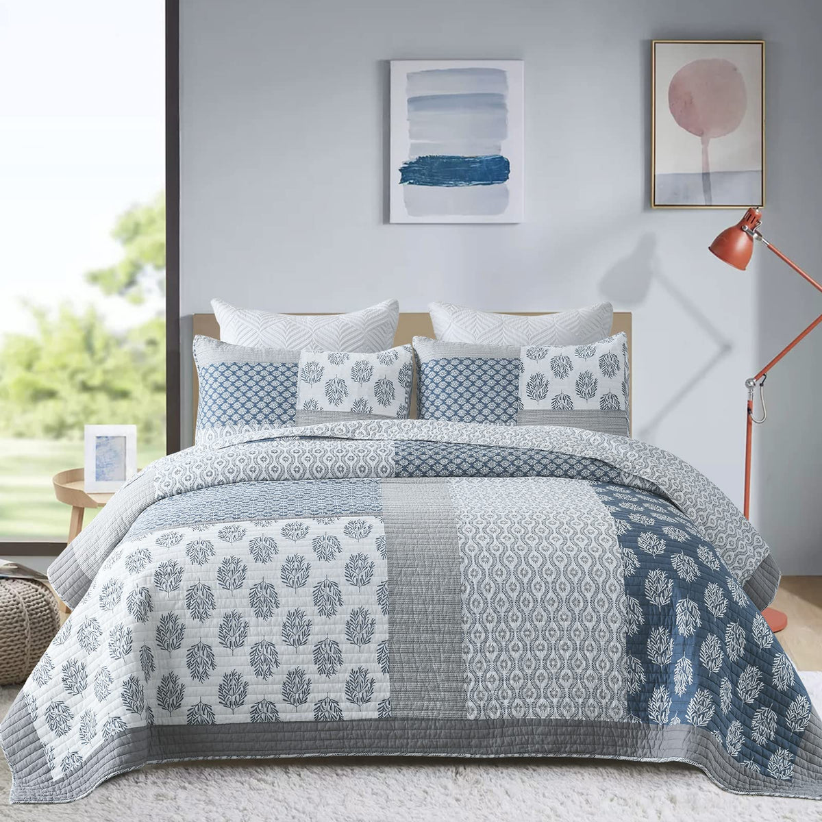 YPLWOMEN Quilts Queen Size, 100% Cotton Lightweight Soft Queen Quilt, Blue Grey White Quilted Bedspread, Patchwork Reversible Q