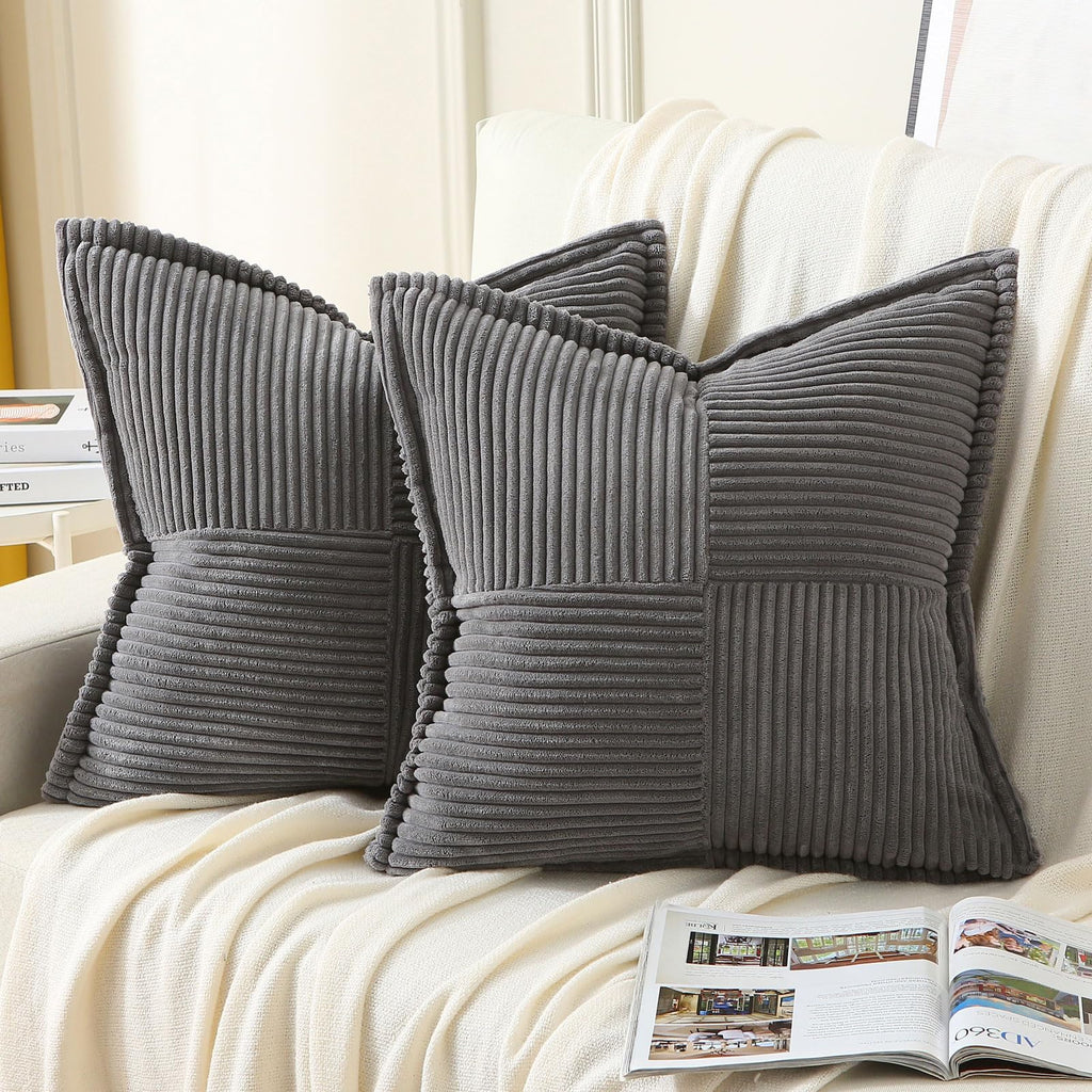 Haussy Dark Grey Throw Pillow Covers 22X22 Inch Set Of 2, Soft Corduroy Solid Striped,Square Decorative Cushion Case,Winter Home