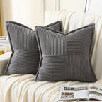 Haussy Dark Grey Throw Pillow Covers 22X22 Inch Set Of 2, Soft Corduroy Solid Striped,Square Decorative Cushion Case,Winter Home