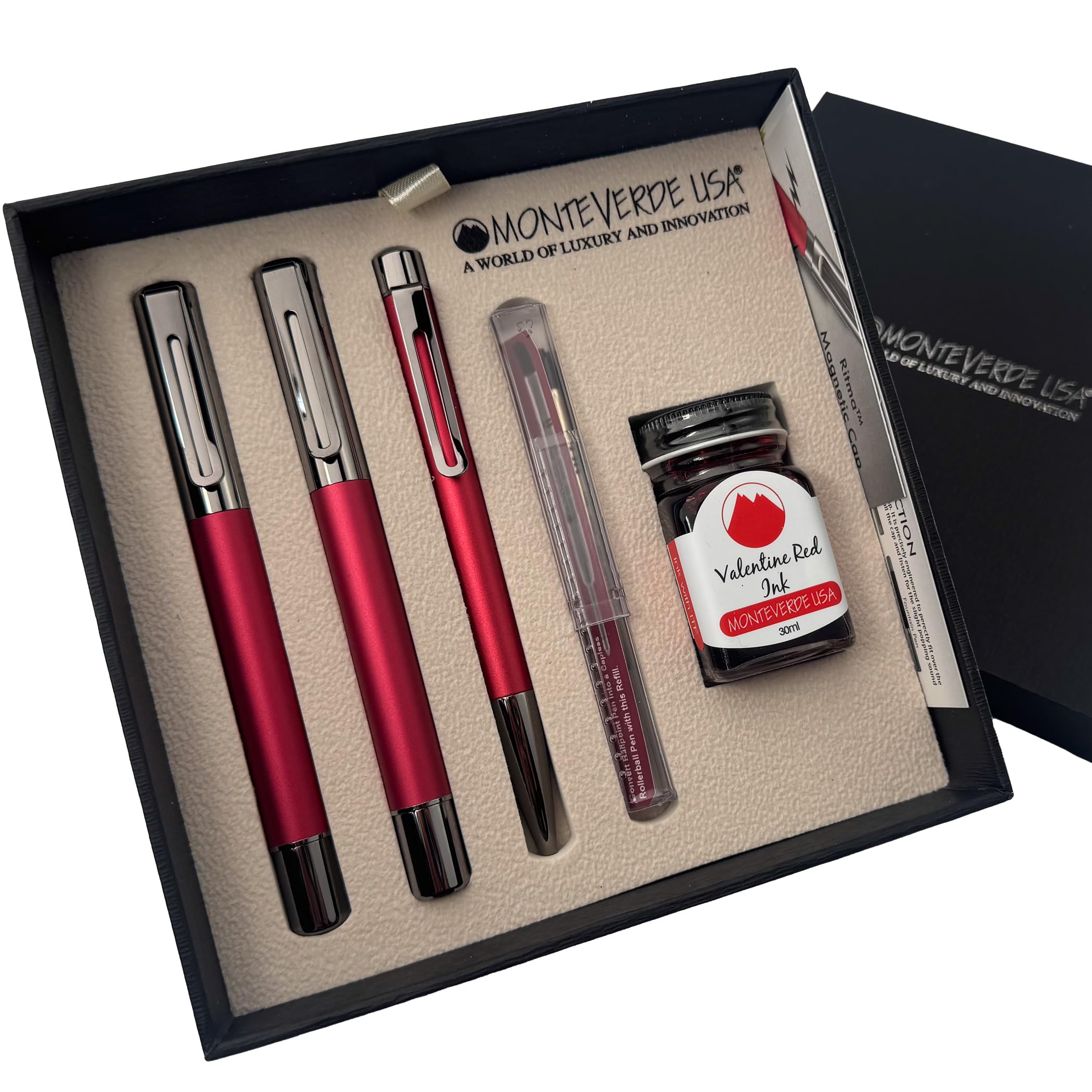 Monteverde Ritma 3+2 Piece Gift Set, Red - Includes Fine Nib Fountain Pen, Rollerball, Ballpoint, 30Ml Ink & Refill - Elegant Gi