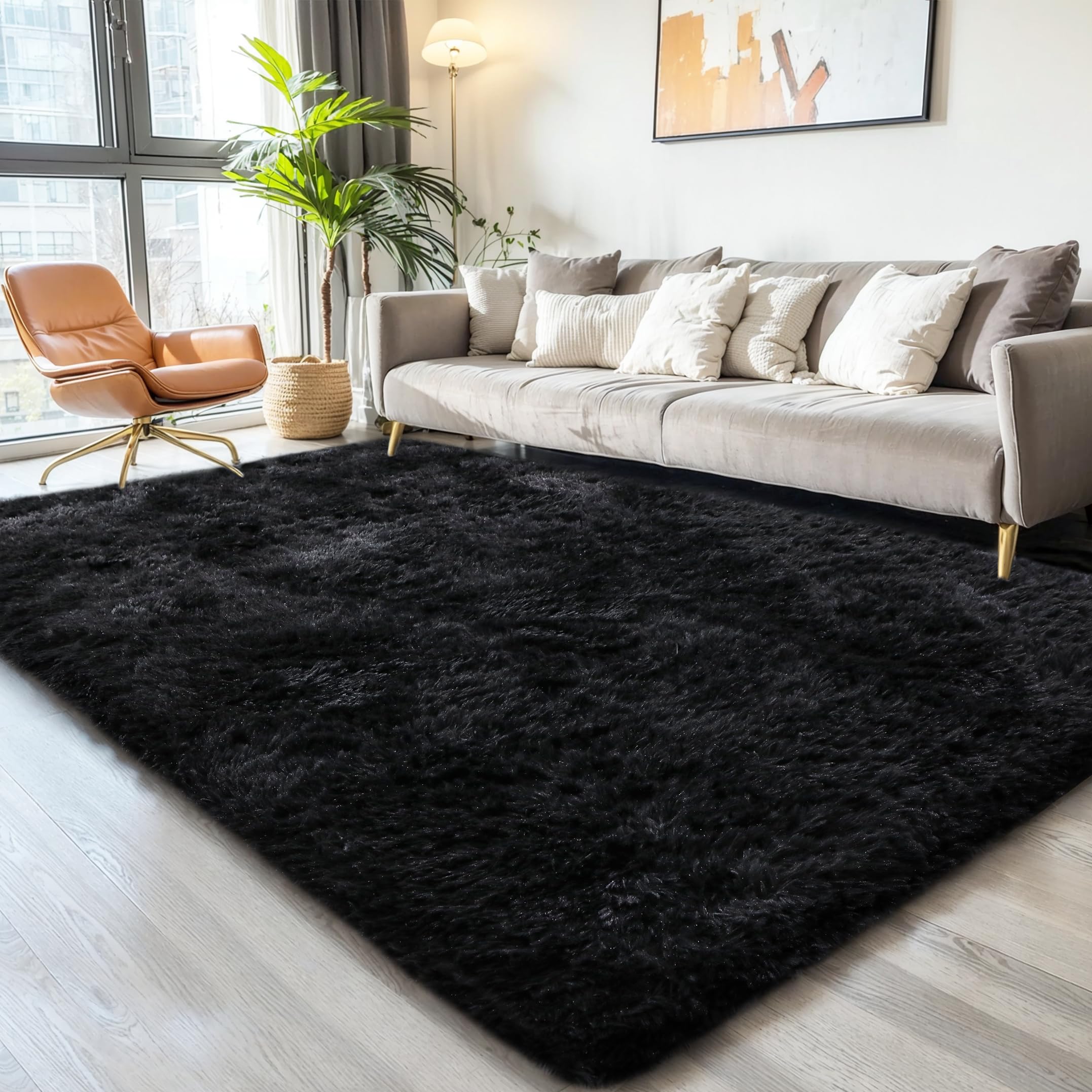 KCHOWUA Black Rug for Bedroom 6x9 Fluffy Rugs for Living Room Thick Machine Washable Plush Area Rugs for Dorm Large Comfy Shaggy