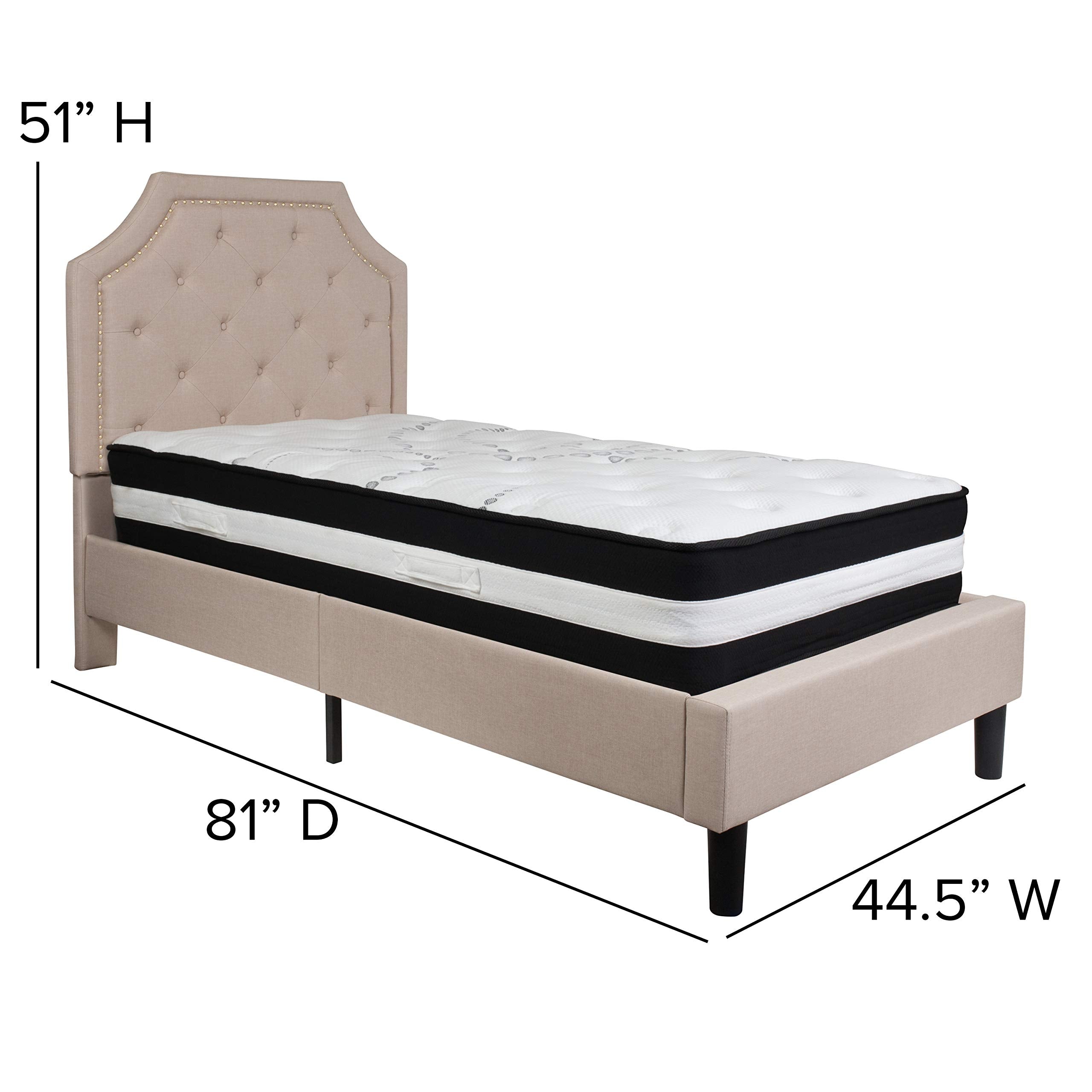 Flash Furniture Brighton Twin Size Tufted Upholstered Platform Bed In Beige Fabric With Pocket Spring Mattress