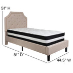 Flash Furniture Brighton Twin Size Tufted Upholstered Platform Bed In Beige Fabric With Pocket Spring Mattress