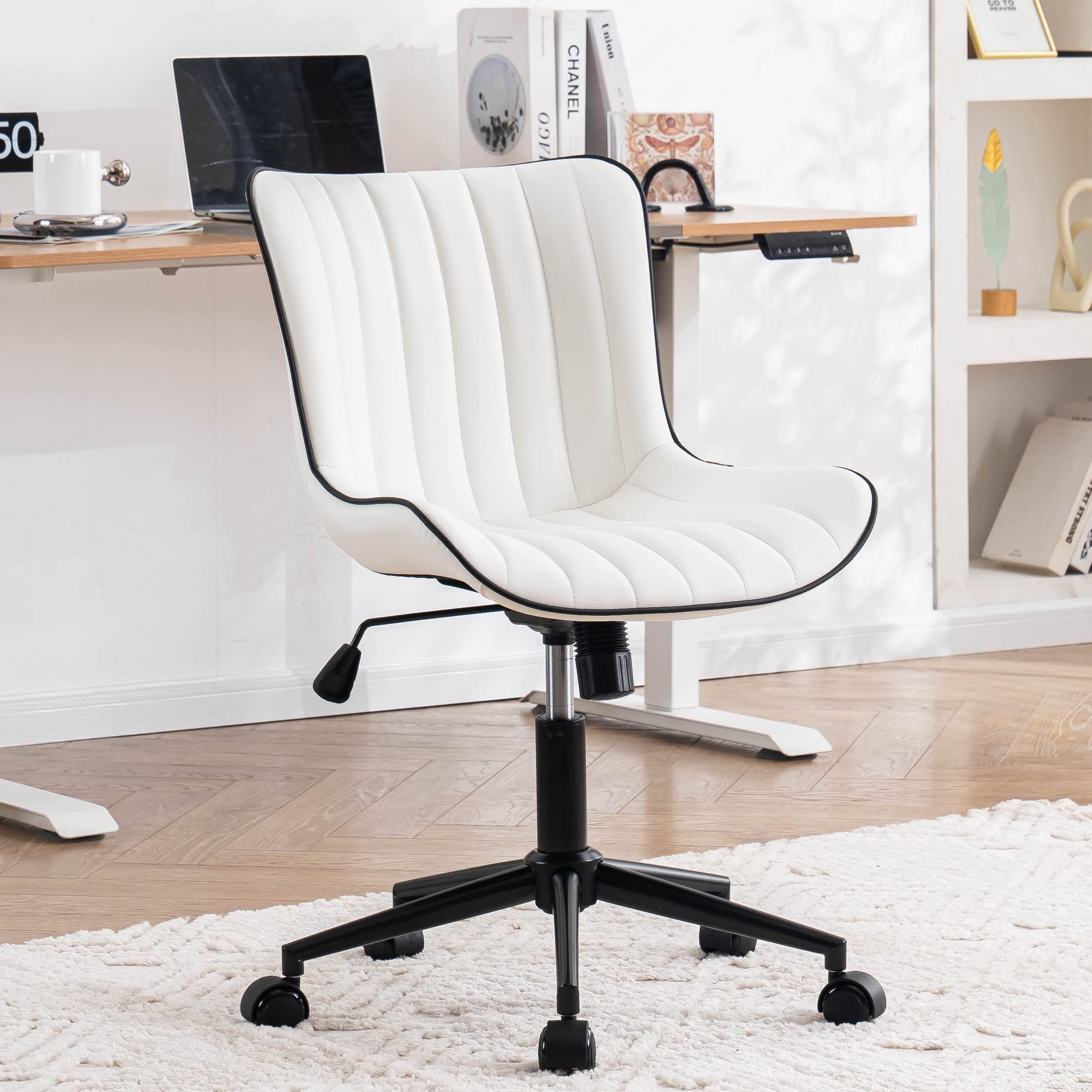 Younike Ergonomic Home Office Desk Chair With Wheels White Comfy Armless Vanity Chair With Back Modern Faux Leather Upholstered