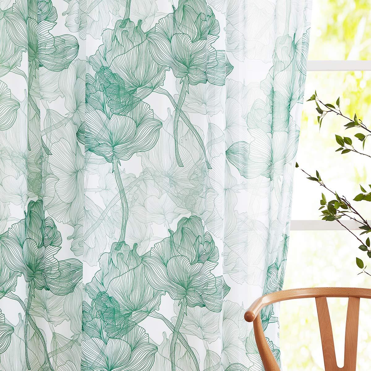 Treatmentex Green-White Lotus Sheer Curtains for Living Room 63inches Short Floral Botanical Print Chiffon Light Filtering Trans