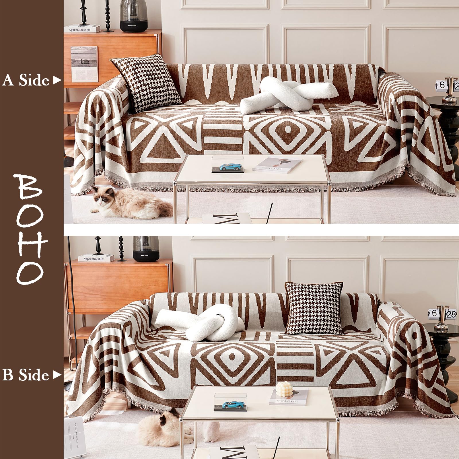 Handontime Chocolate Boho Couch Cover Reversible Sofa Covers For 3 Cushion Couch Washable Couch Sofa Cover For Dogs Dark Couches Covers Chenille Couch Protector Couch Covers For Sofa, 71' X118'