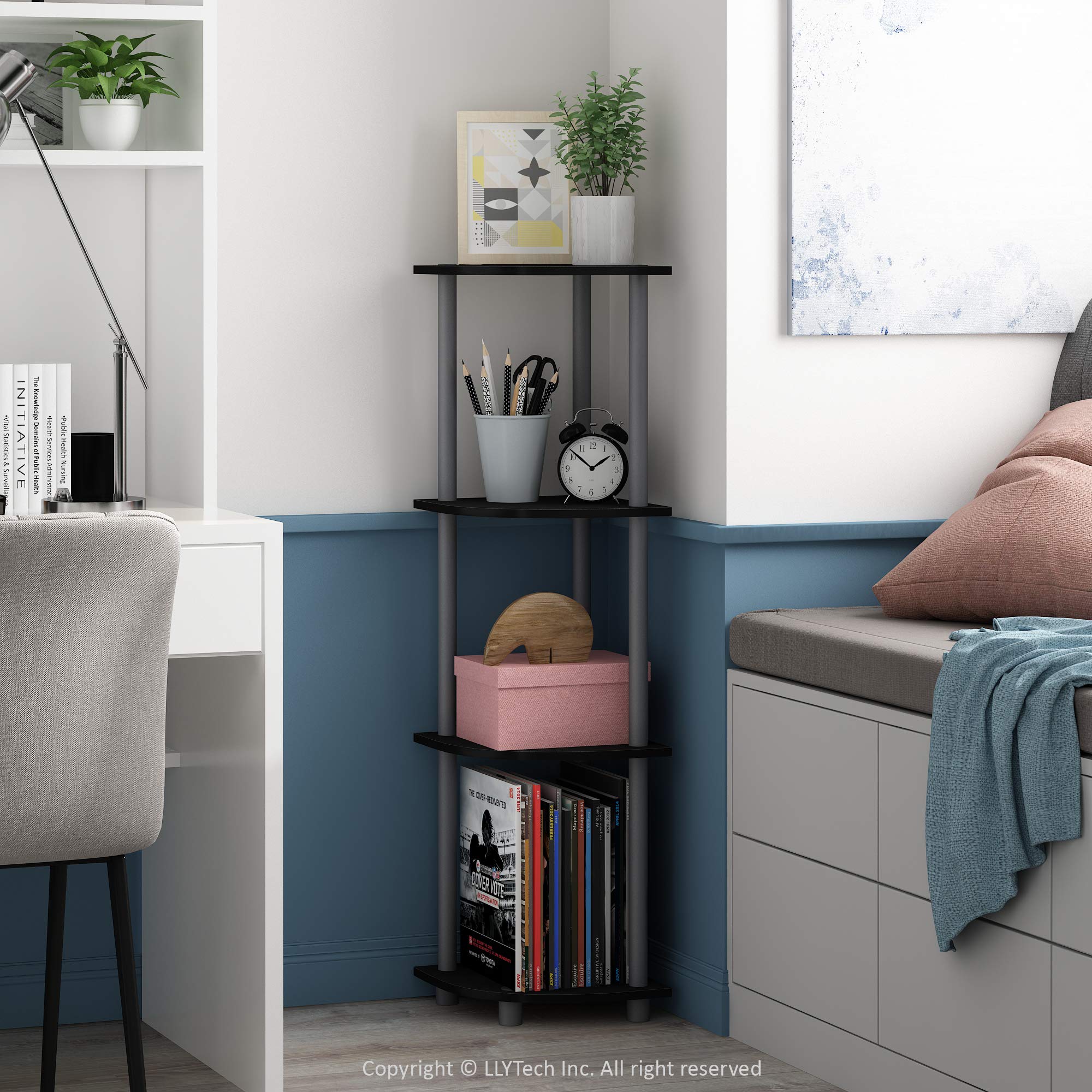 Furinno Turn-N-Tube 4-Tier Corner Display Rack Multipurpose Shelving Unit, Black/Grey