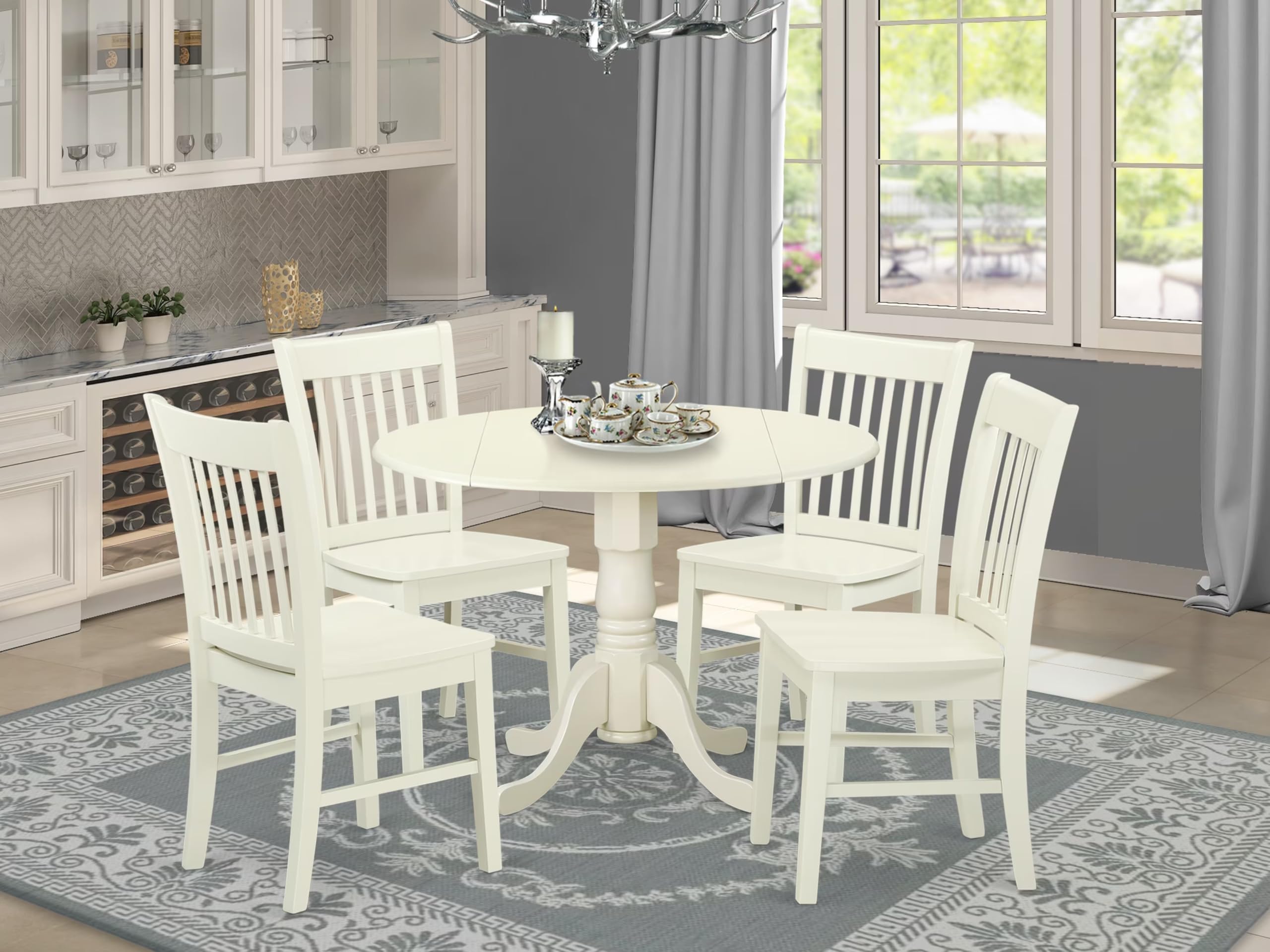 East West Furniture DLNO5-LWH-W 5 Piece Dining Set Includes a Round Dining Room Table with Dropleaf and 4 Kitchen Chairs, 42x42 Inch, Linen White