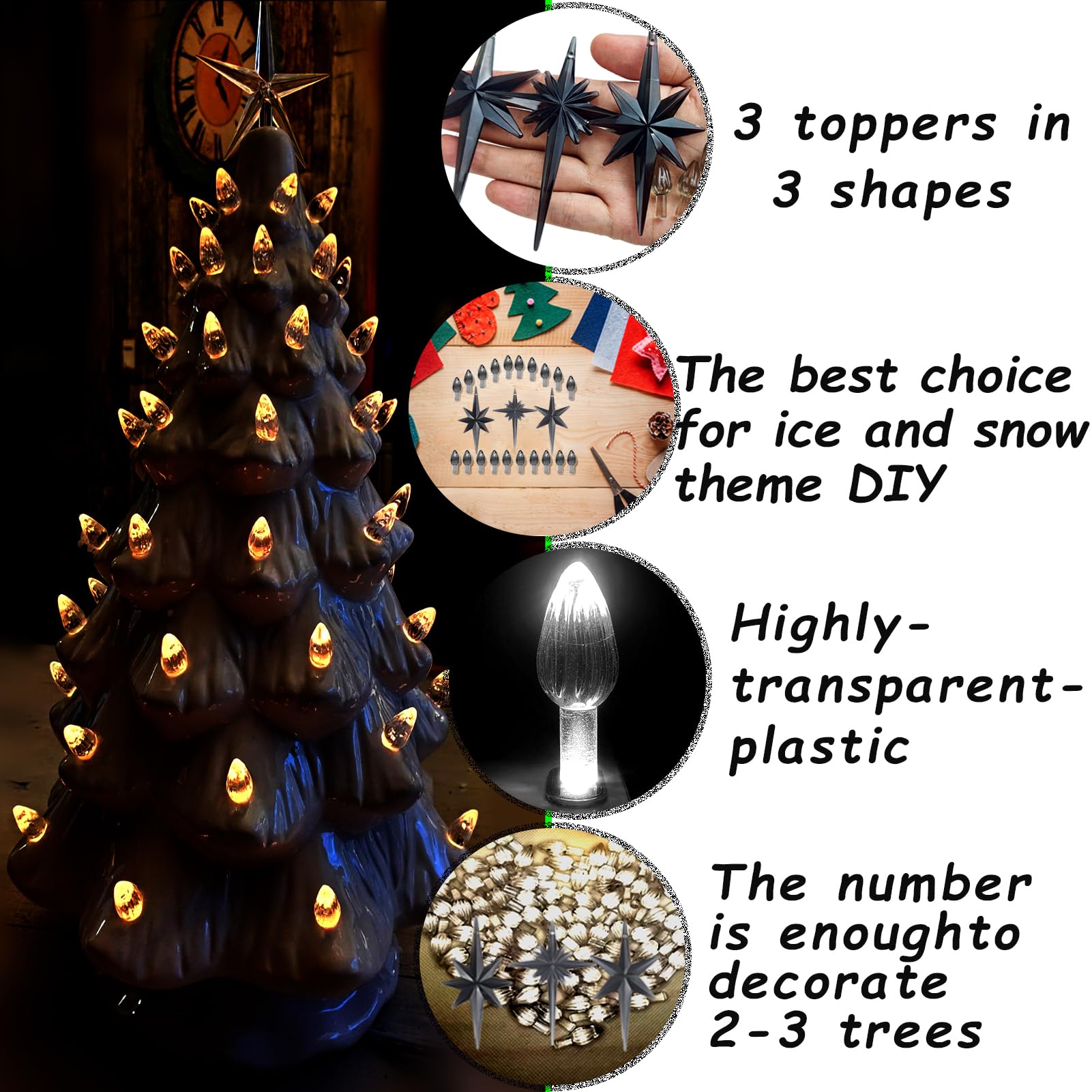 Ceramic Christmas Tree Replacement Lights Bulbs, Black Gray Medium Twist Plastics Pegs Ornaments For Ceramic Tree(87 Bulbs& 3 To