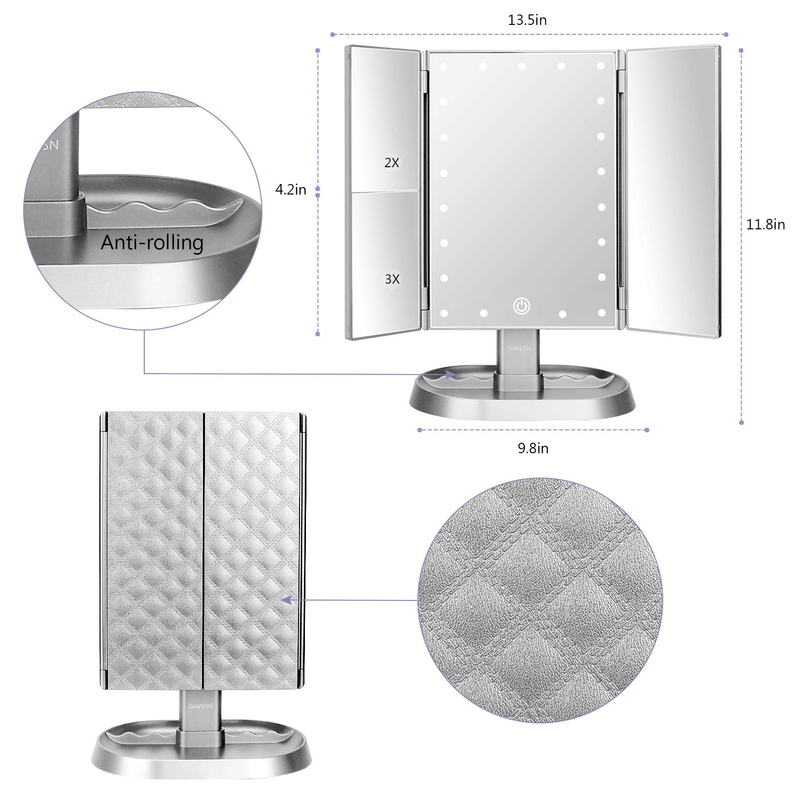 Deweisn Trifold Lighted Vanity Makeup Mirror With 21 Led Lights,1/2/3 Magnification And Dimming,Two Power Supplies Makeup Mirror