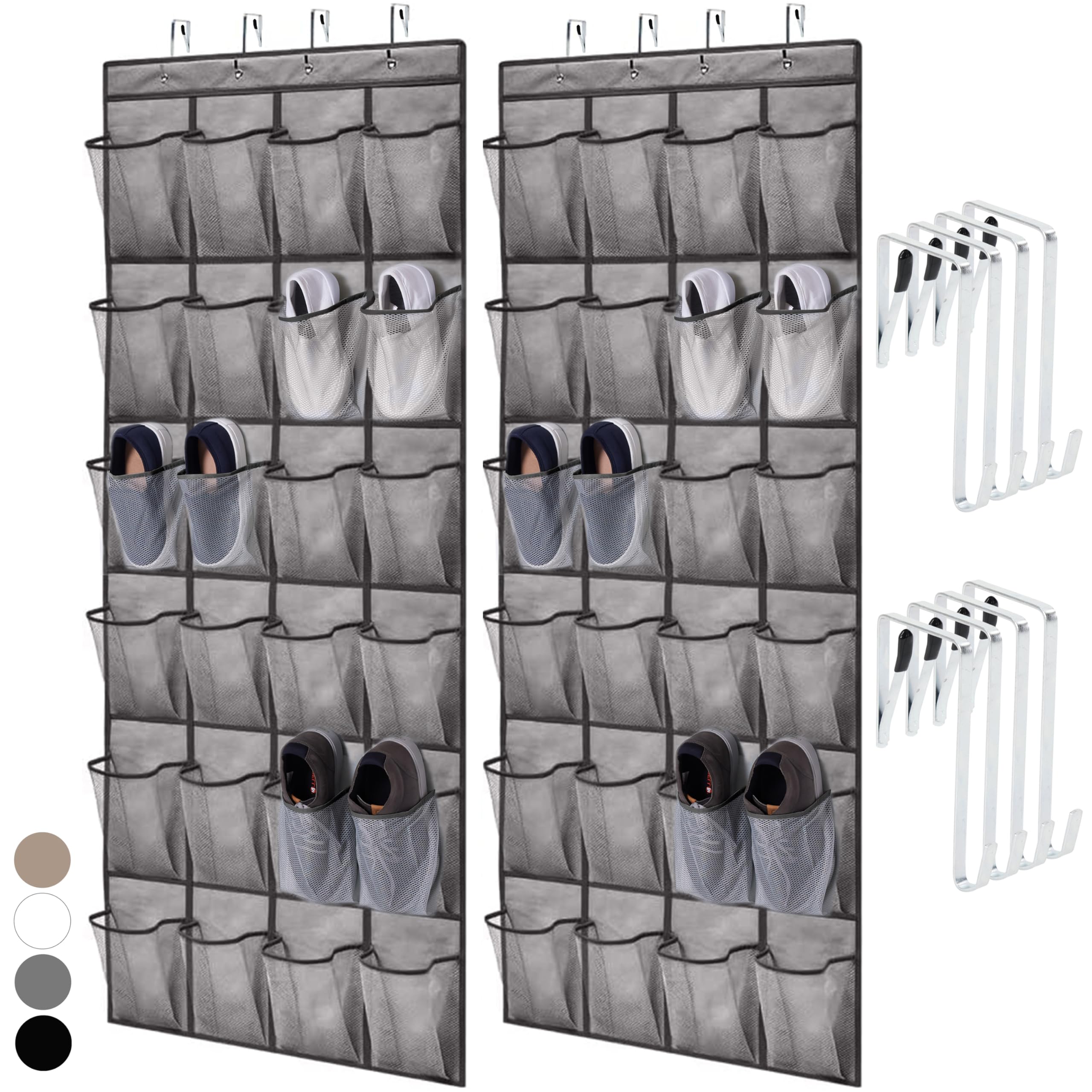 Home Genie Over The Door Hanging Shoe Organizer, 2 Pack, 24 Breathable Mesh Pockets, Closet Rack Storage Holder Stay In Place Hooks Hang On Closets, Hanger Holds Up To 40 Lbs, Shoes, Accessories, Gray