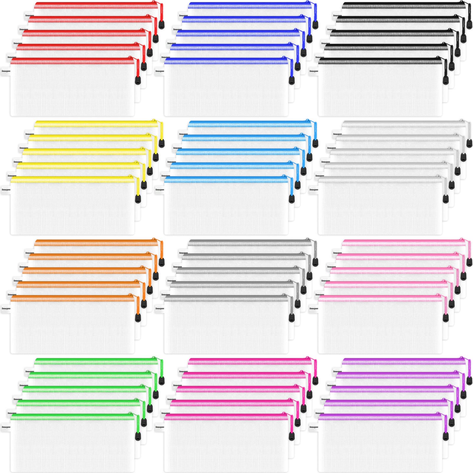 Smarpau 60 Pcs Pencil Pouch, 12 Colors 9.3' X 4.7' Small Mesh Zipper Pouches Clear Pencil Case, Waterproof Zipper Pencil Bags