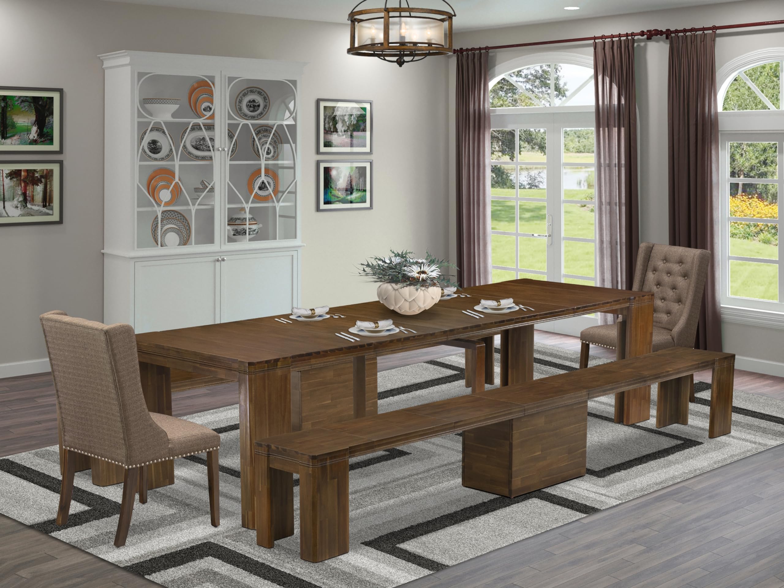 Luxe by East West Furniture - X02FO-208-18 - 5 Pieces Dining Room Set contains an Extendable Rectangle Kitchen Table, 2 Dining Chairs and 2 Modern Benches, 39x120 Inch, Antique Walnut