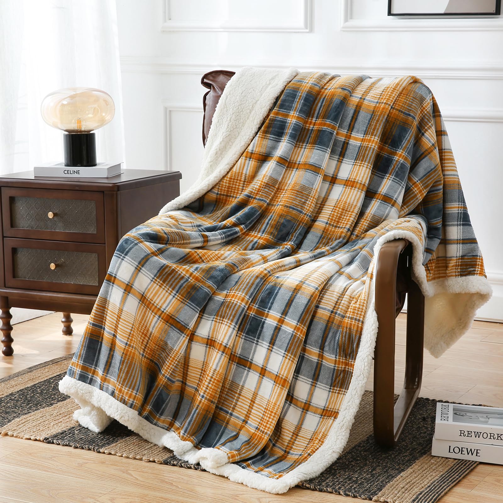 Pu Mei Sherpa Blanket Queen Plaid Thick Bed Blanket, 80   *90    Super Soft Flannel Fuzzy Fleece Reversible Velvet Plush Warm Bl