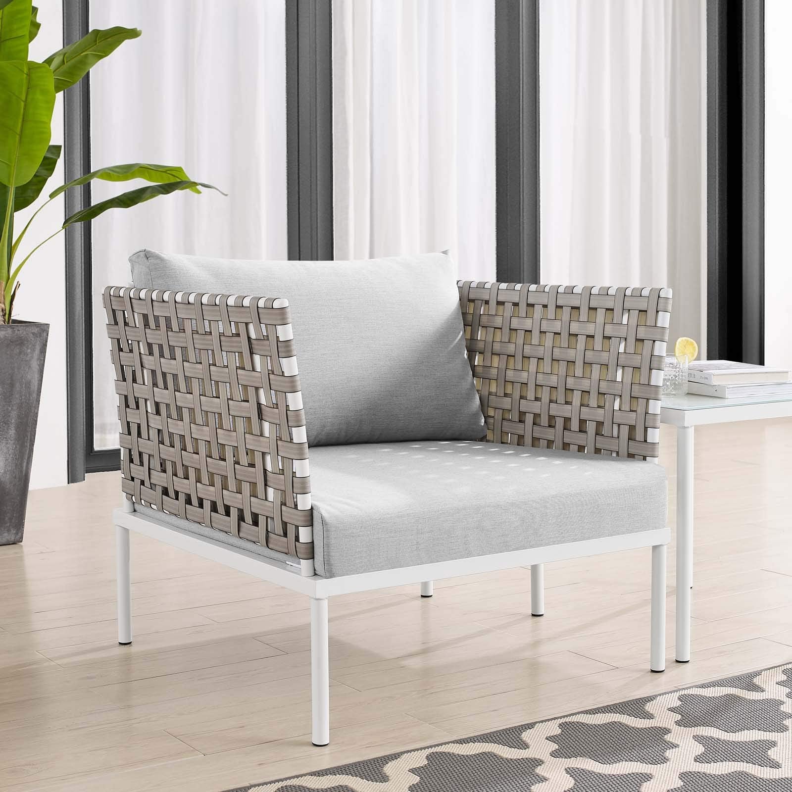 Modway Harmony Outdoor Patio Basket Weave Armchair in Tan Gray