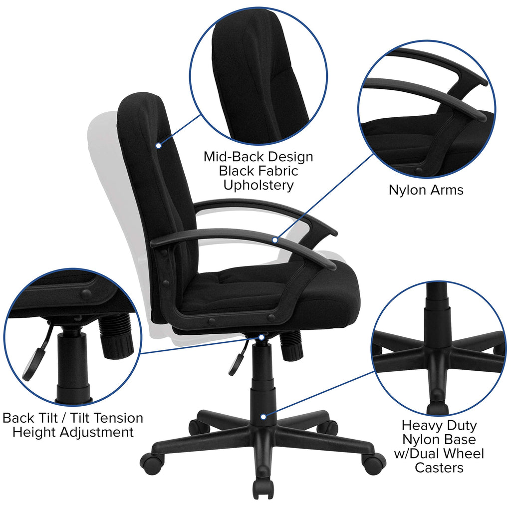 Flash Furniture Garver Mid-Back Black Fabric Executive Swivel Office Chair with Nylon Arms