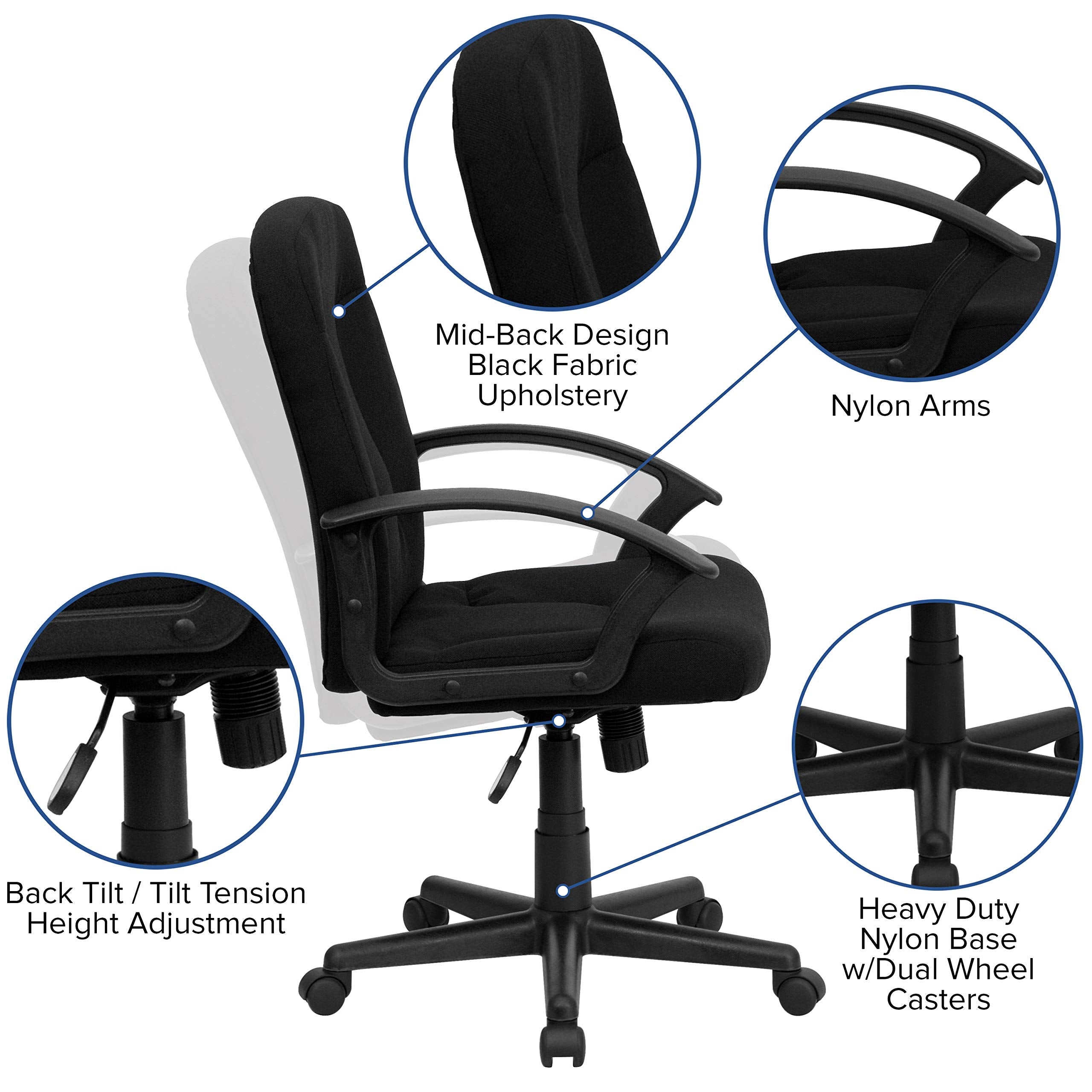 Flash Furniture Garver Mid-Back Black Fabric Executive Swivel Office Chair with Nylon Arms