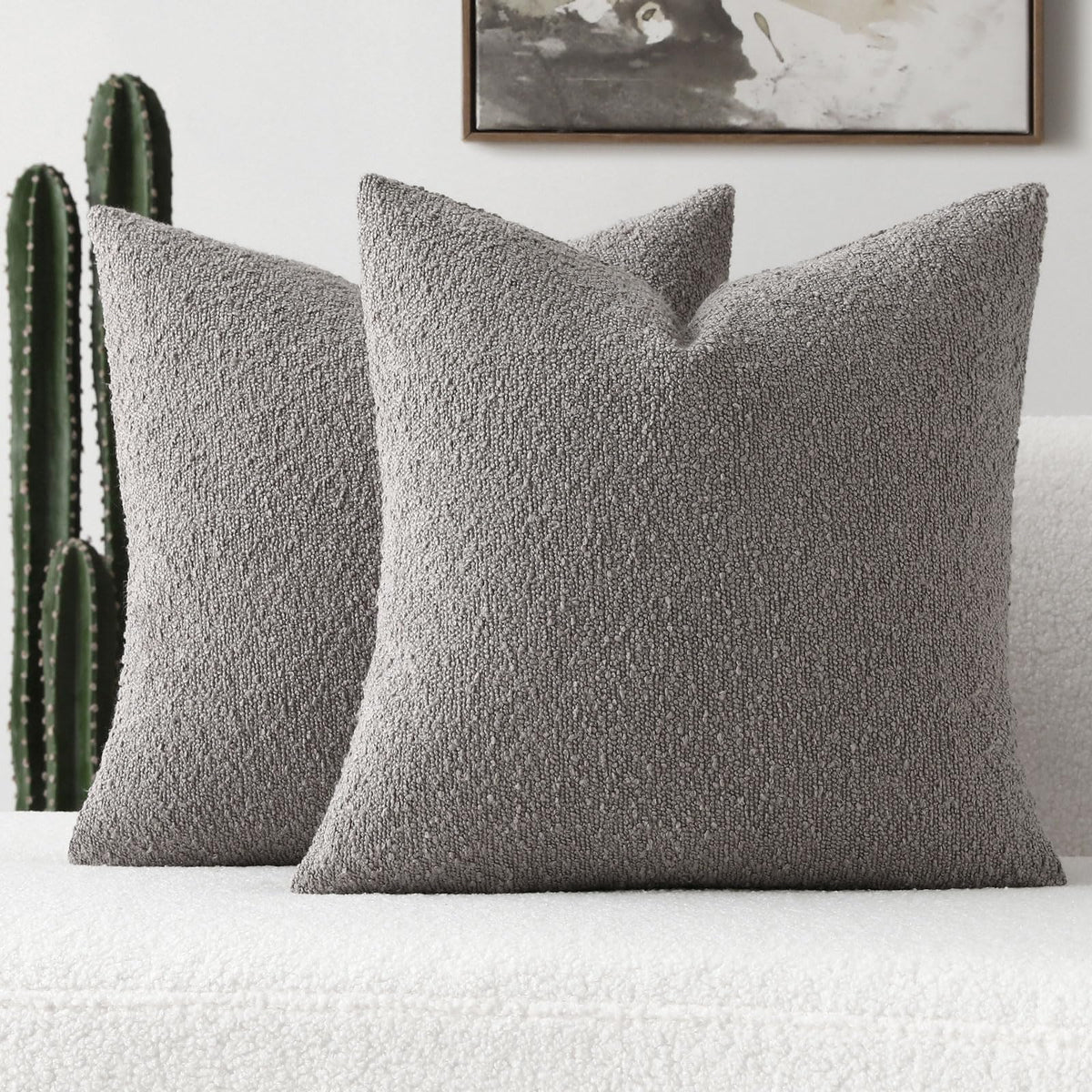 Futei Pack Of 2 Light Grey Boucle Accent Decorative Throw Pillow Covers,18X18 Inch Soft Solid Textured Cushion Case,Home Decor F