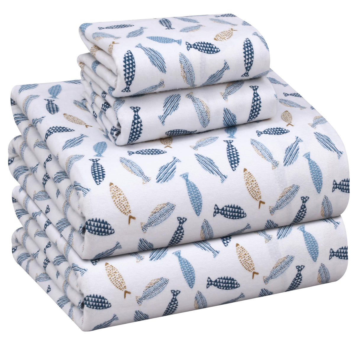 Ruvanti Flannel Sheets Full Size - 100% Cotton Double Brushed Bed Sheets Set, Deep Pockets 16 Inches, All Seasons Breathable & Extra Soft Full Sheets, Warm & Cozy, 4 Piece, Nautic Fish