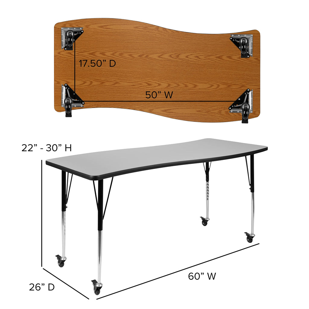 Flash Furniture Mobile 26"W x 60"L Rectangular Wave Collaborative Grey Thermal Laminate Activity Table - Standard Height Adjustable Legs