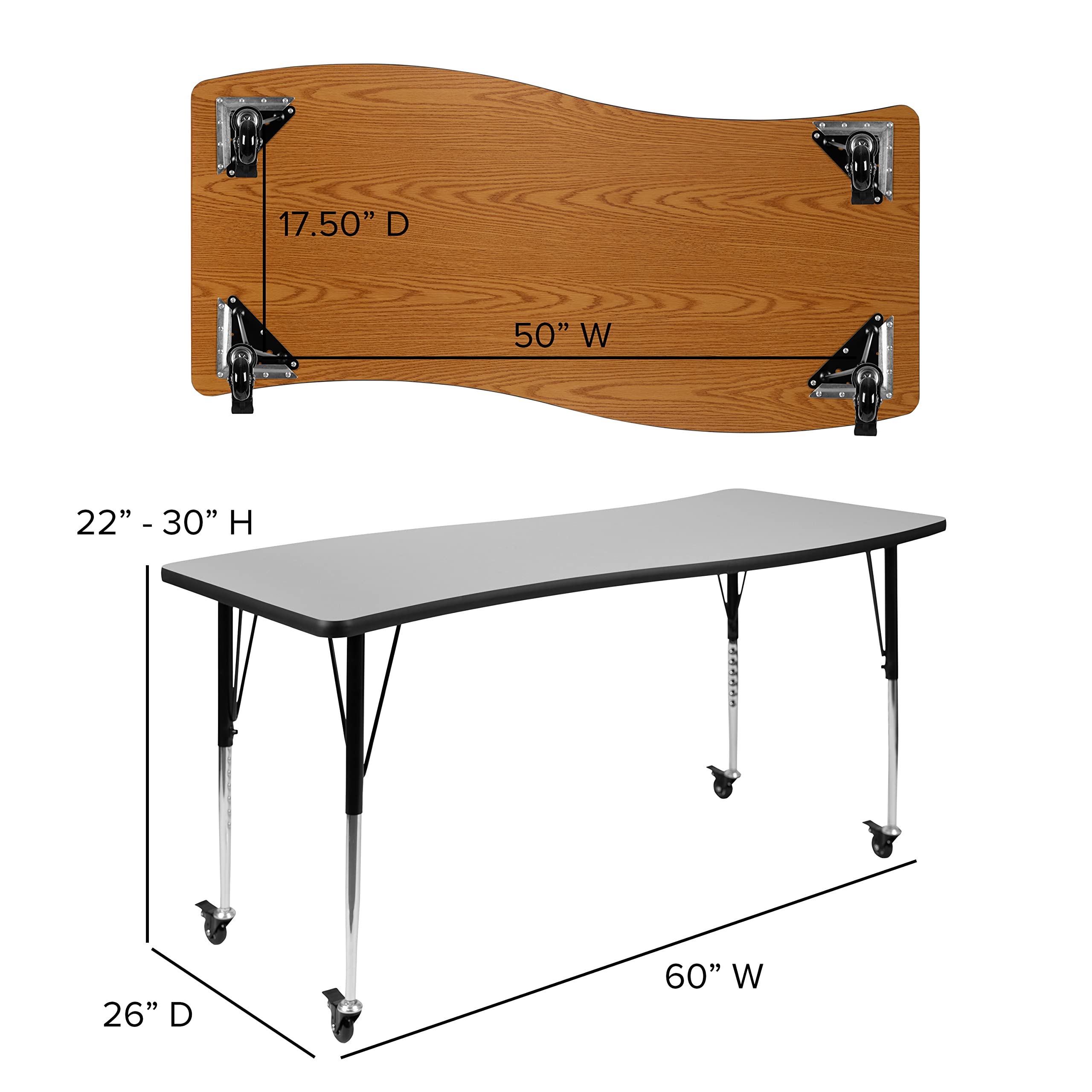 Flash Furniture Mobile 26"W x 60"L Rectangular Wave Collaborative Grey Thermal Laminate Activity Table - Standard Height Adjustable Legs