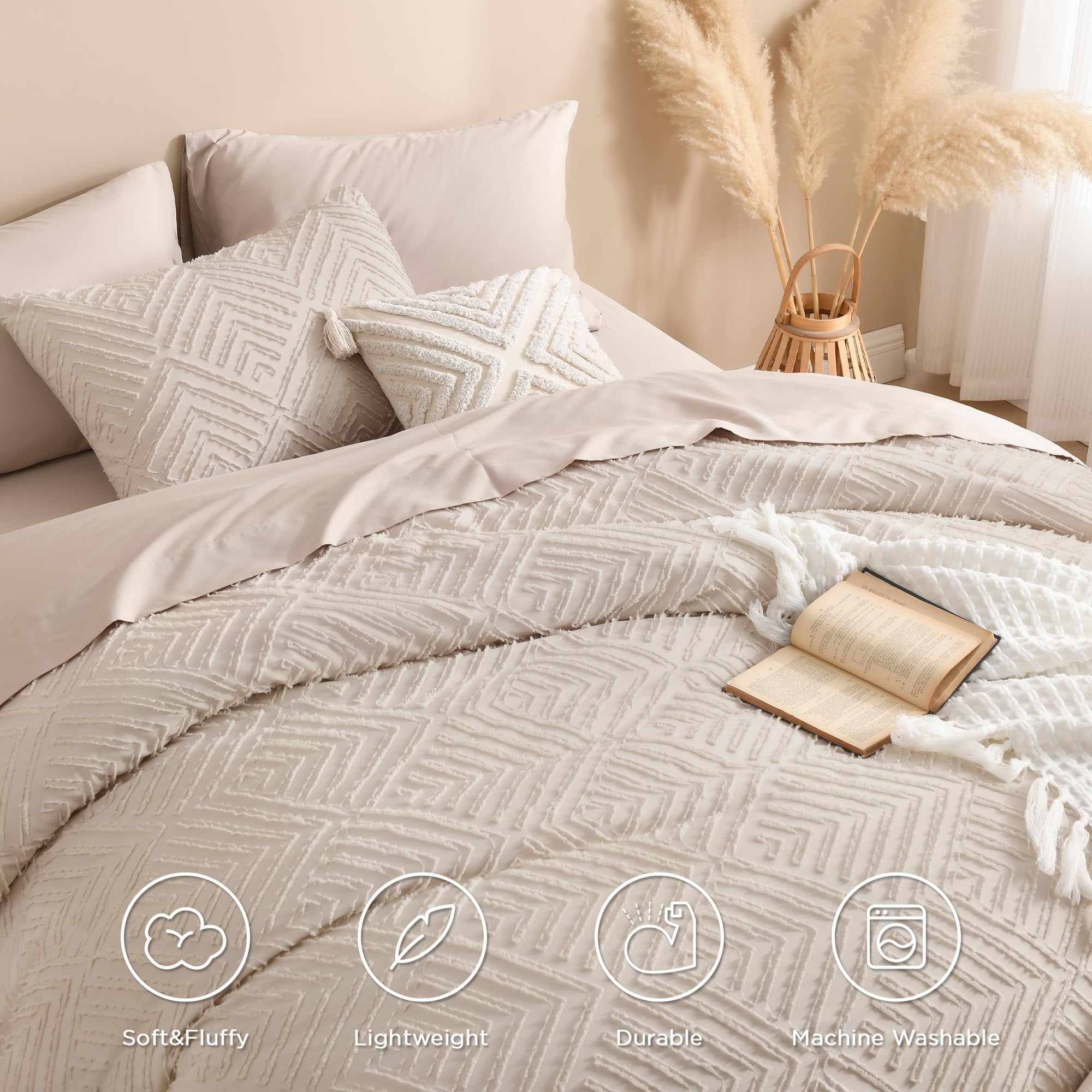 Andency Khaki California King Comforter Set, 3 Pieces Khaki Boho Bedding Set & Collections, Farmhouse Tufted Fluffy Bed Set For California King Bed (1 Comforter 104X96In, 2 Pillowcases)