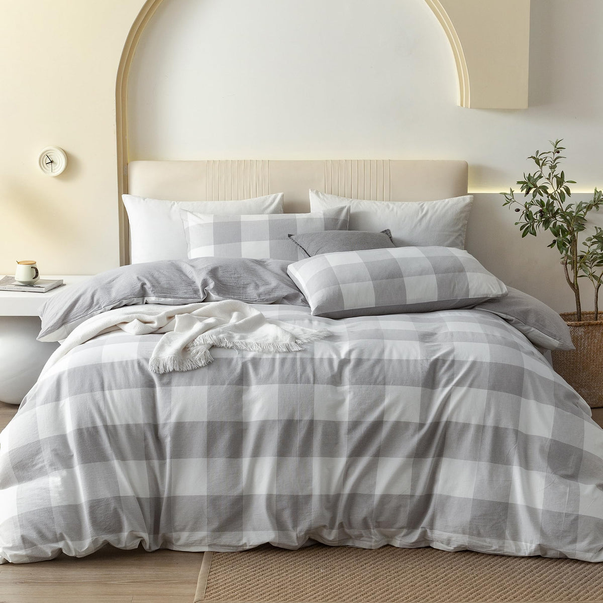 Jiyuan 100% Washed Cotton Duvet Cover Set Comfy Simple Style Plaid Soft Breathable Textured Durable Linen Feel Bedding For All S