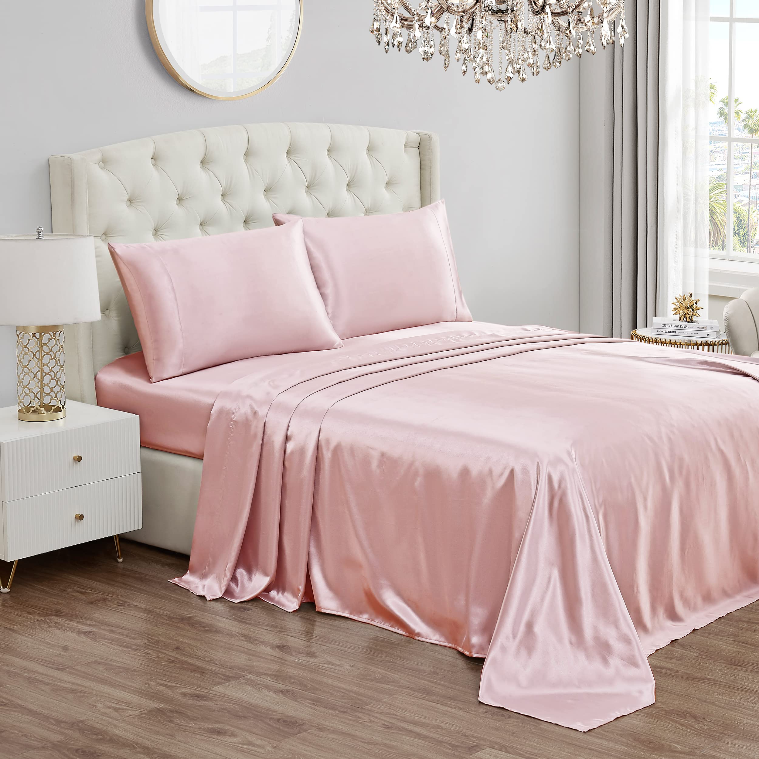 Juicy Couture King Size Silk Satin Bed Sheet Set, Deep Pocket Silky Satin King Sheet Set With 1 Fitted Sheet, 1 Flat Sheet And 2