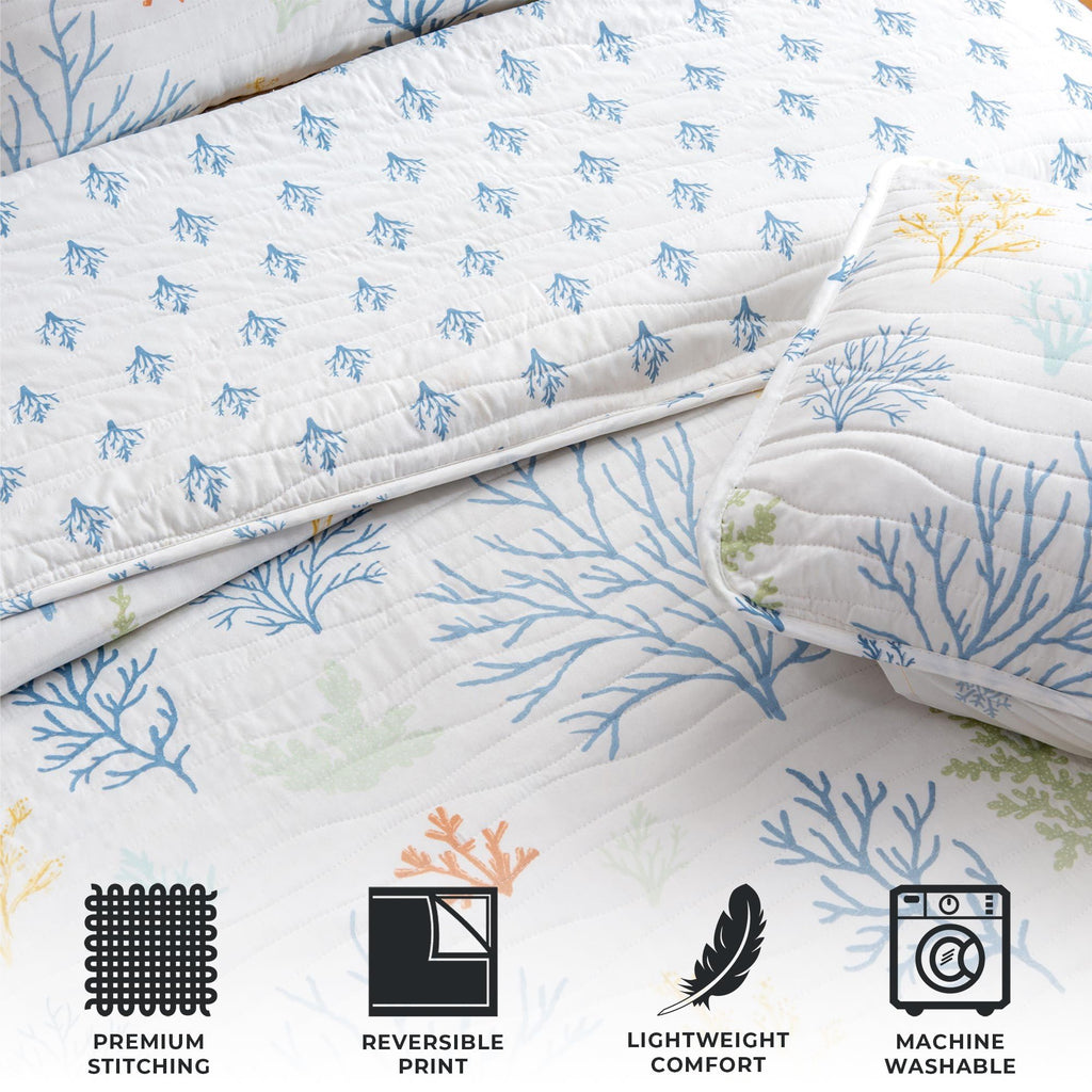 2-Piece Coral Coastal Reversible Twin Quilt Set With Sham. Beach Theme Bedding Coverlet, Soft, Microfiber - Maldives