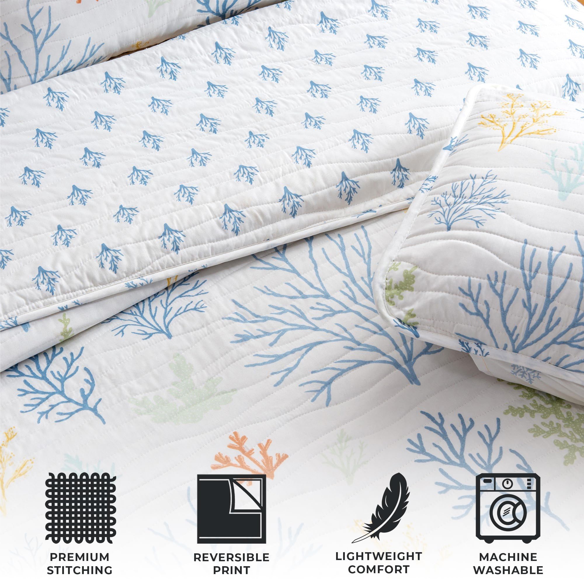 2-Piece Coral Coastal Reversible Twin Quilt Set With Sham. Beach Theme Bedding Coverlet, Soft, Microfiber - Maldives
