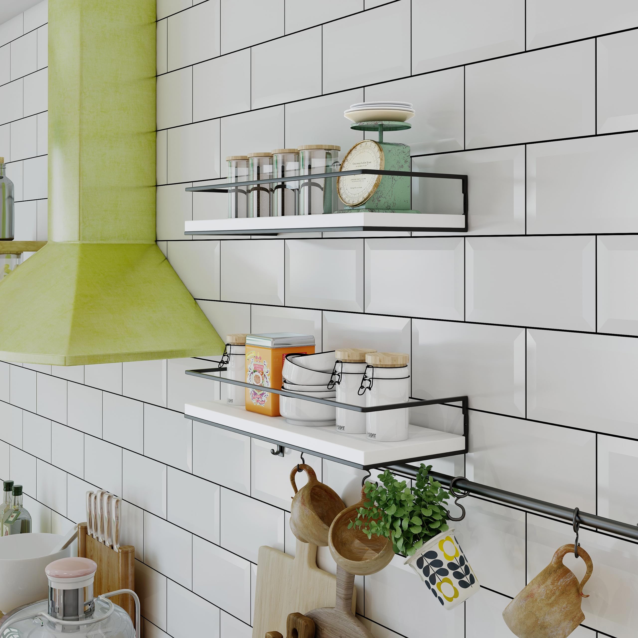 Shario Floating Shelves - Set Of 2, Wall Mounted Hanging Shelves With Golden Towel Rack, Decorative Storage Shelves For Bathroom, Kitchen, Living Room & Bedroom (White Grey)