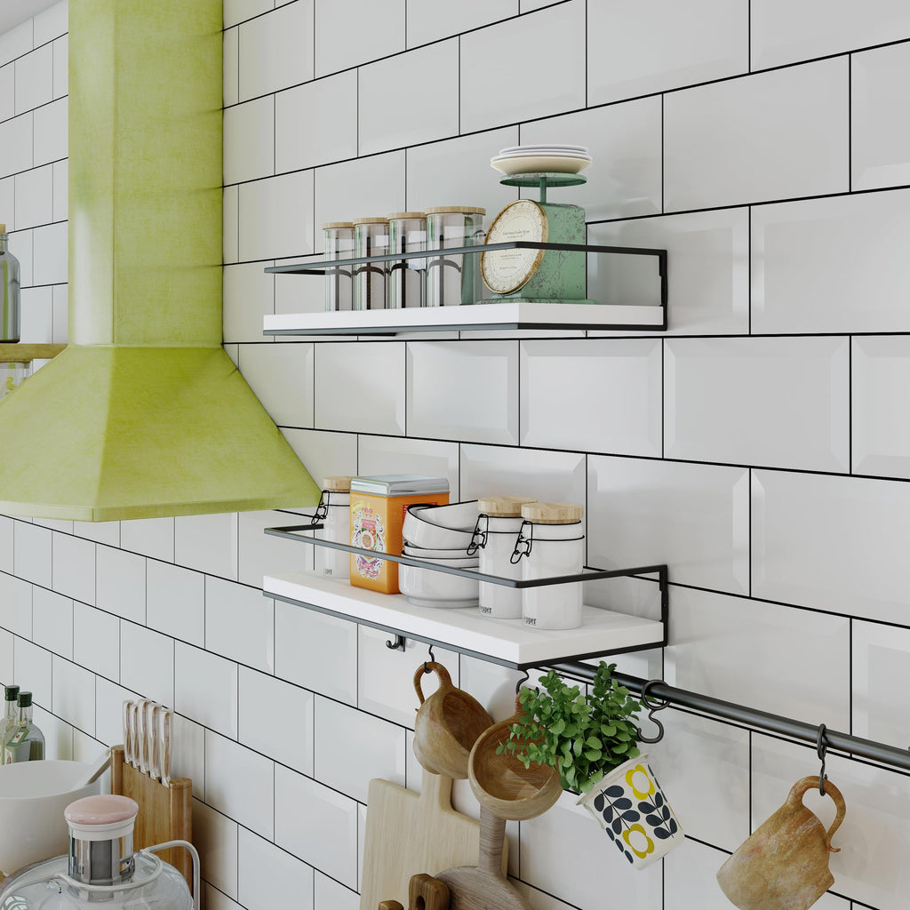 Shario Floating Shelves - Set Of 2, Wall Mounted Hanging Shelves With Golden Towel Rack, Decorative Storage Shelves For Bathroom, Kitchen, Living Room & Bedroom (White Grey)