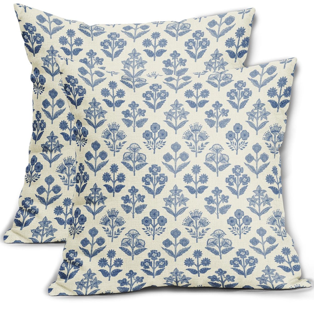 Blue Floral Pillow Covers 20x20 Inch Set of 2, Vintage Flower Block Print Pattern Decorative Throw Pillowcases Outdoor Farmhouse