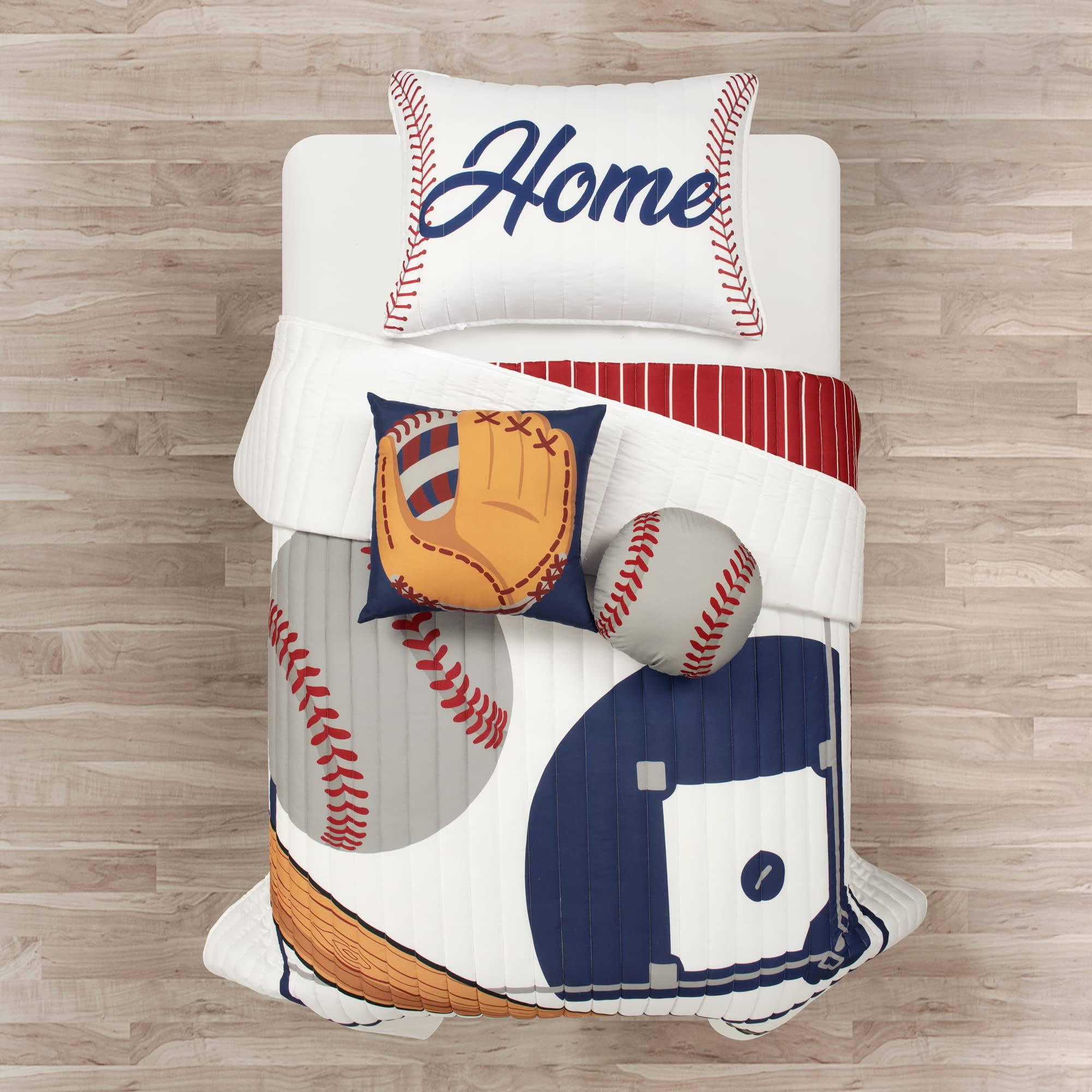 Lush Decor Baseball Game Reversible Oversized Kids 4 Piece Quilt Set, Twin, White & Red