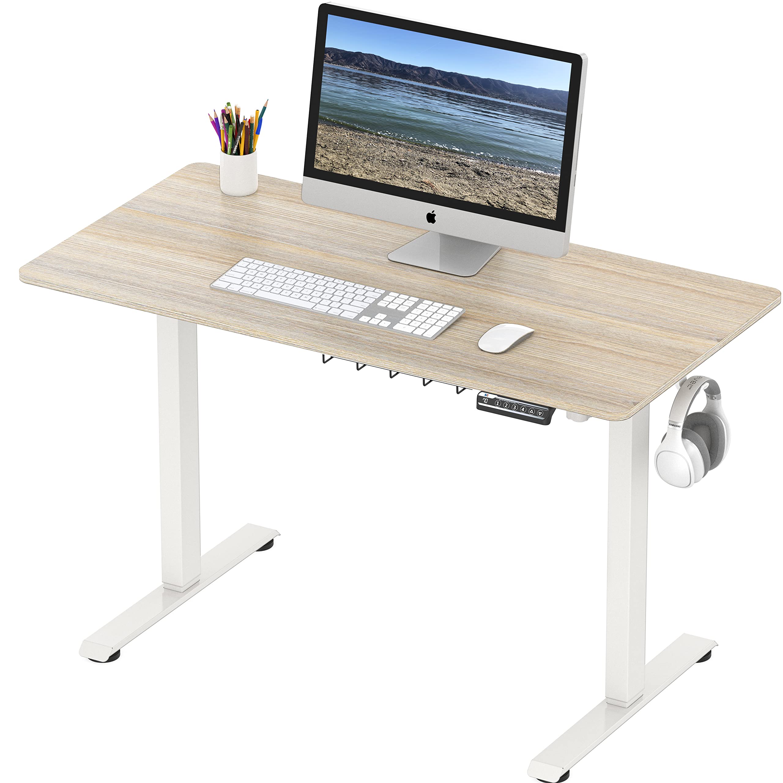 SHW 48-Inch Electric Height Adjustable Sit to Stand Desk with Hanging Hooks and Cable Management, White Frame and Maple Top