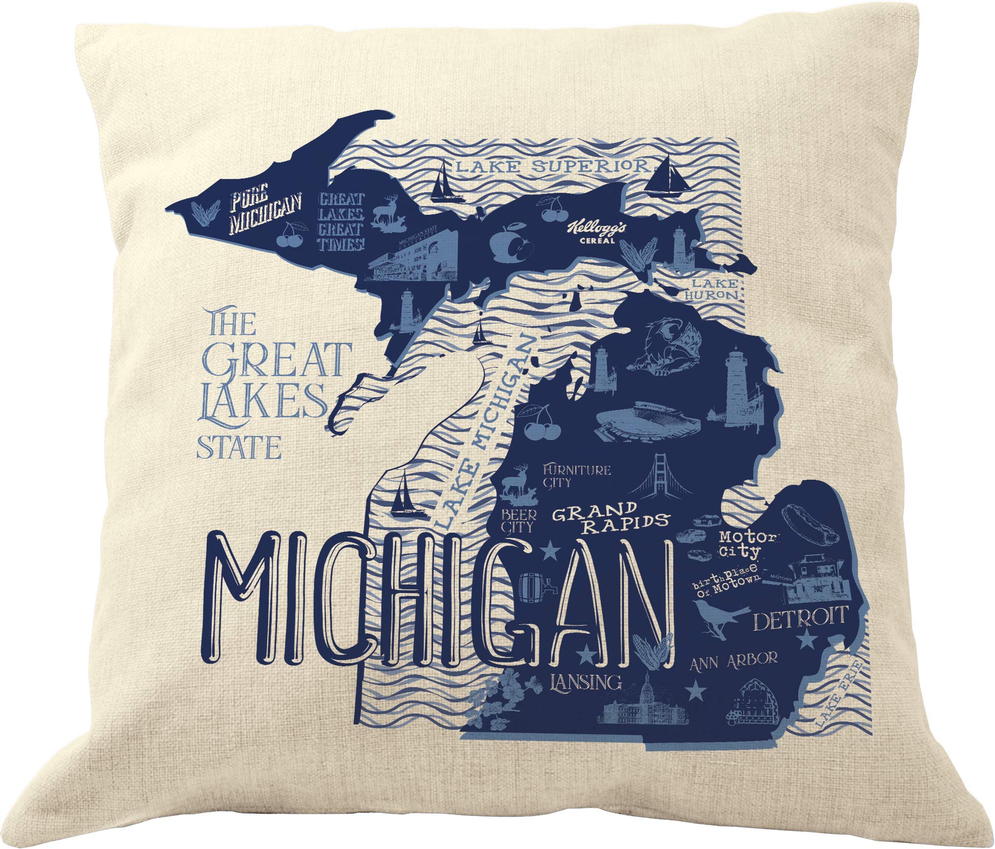 Drupsco Michigan Pillow Covers 18X18 - Cotton Linen Michigan Throw Pillow Case, Michigan Decorative Pillow