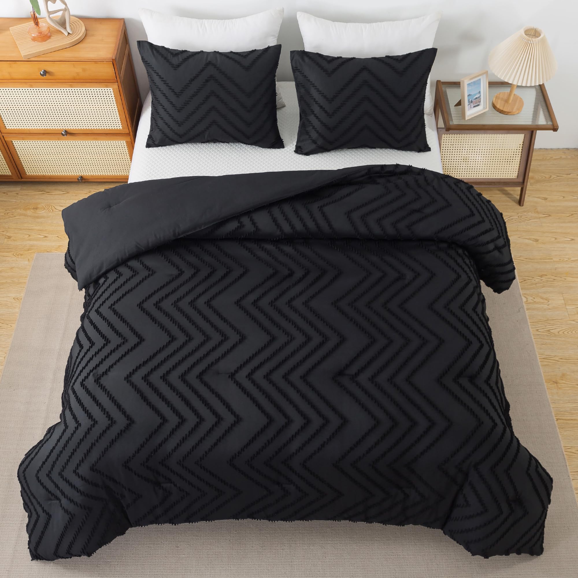 Andency Black Comforter Full Size, Boho Soft Fluffy Warm Lightweight Bedding Comforter Sets For Full Bed, 3 Pieces Chevron Tufted Aesthetic Microfiber Lightweight Comforter Set