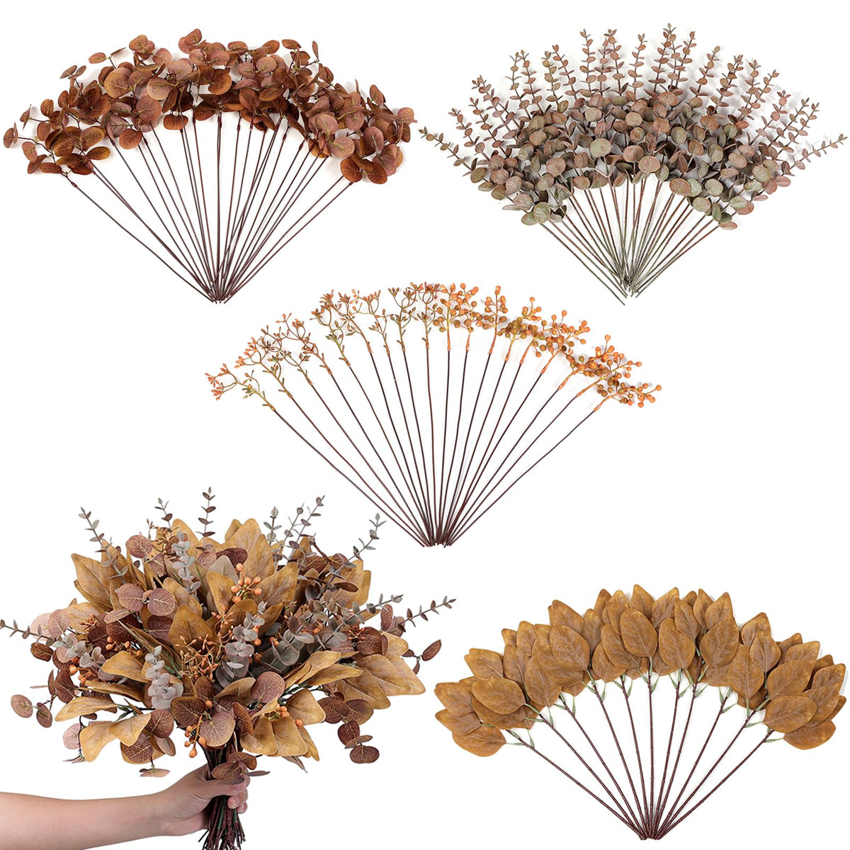 YXZZWL 110 Pcs 5 Kinds Mixed Artificial Eucalyptus Stems and Faux Berry,Autumn Fake Eucalyptus Leaves Stems Bulk Branches for DI