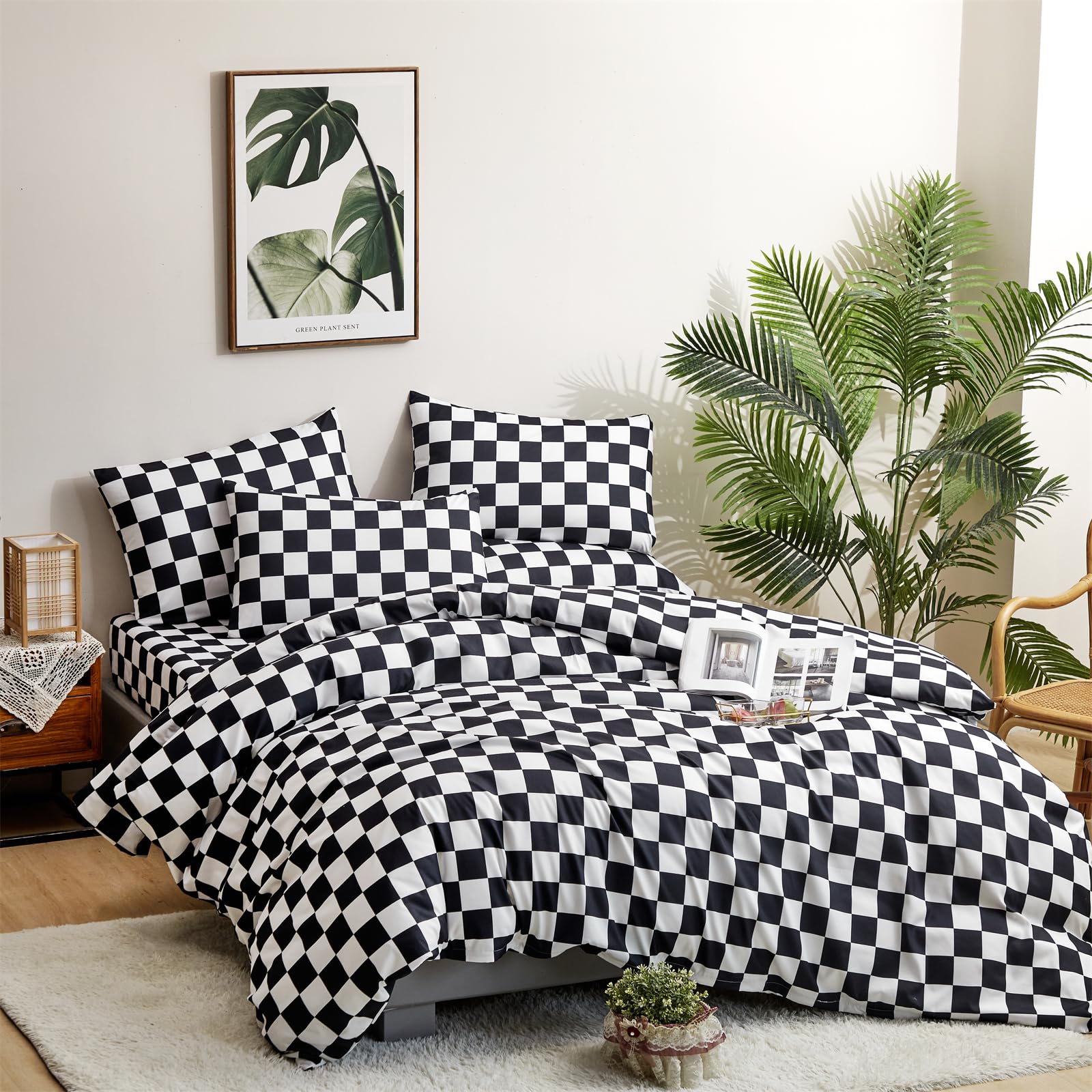 Clothknow Black Plaid Twin Comforter Set 3Pcs Black White Grid Bedding Comforter Sets Checker Comforter Twin Soft Black And White Comforter Sets Twin