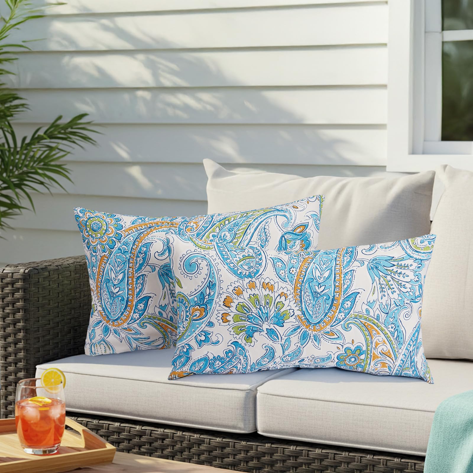 Bupplee Outdoor Lumbar Pillows Waterproof 12  20 Inch With Insert, Decorative Toss Pillows Set Of 2, Rain-Proof, Fade Resistant