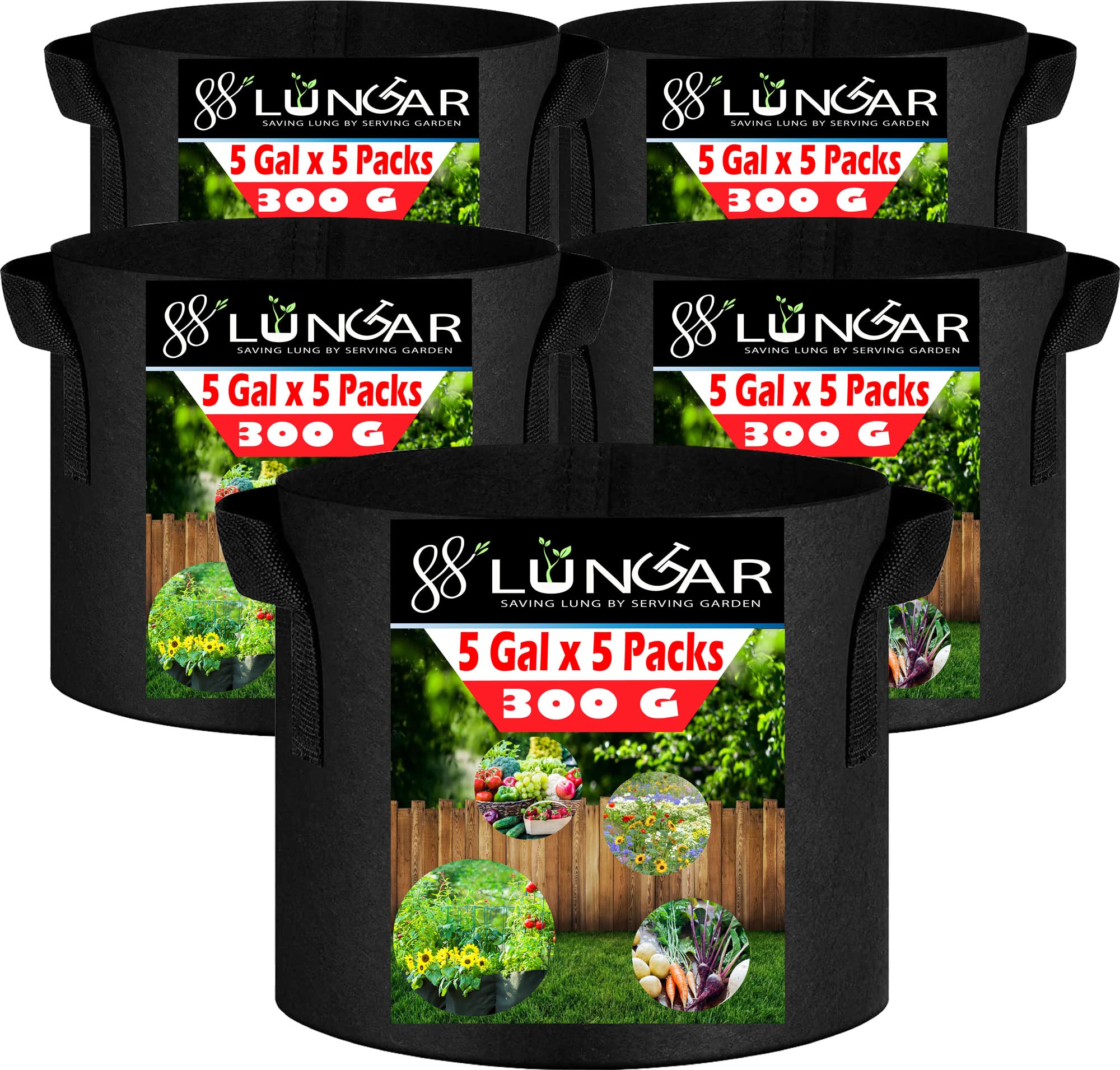 Lungar Plant Grow Bags - 5 Gallon 5 Packs Planter Pot, Thickest Aeration 300G Non-Woven Fabric, Reinforced Handles For Weatherpr