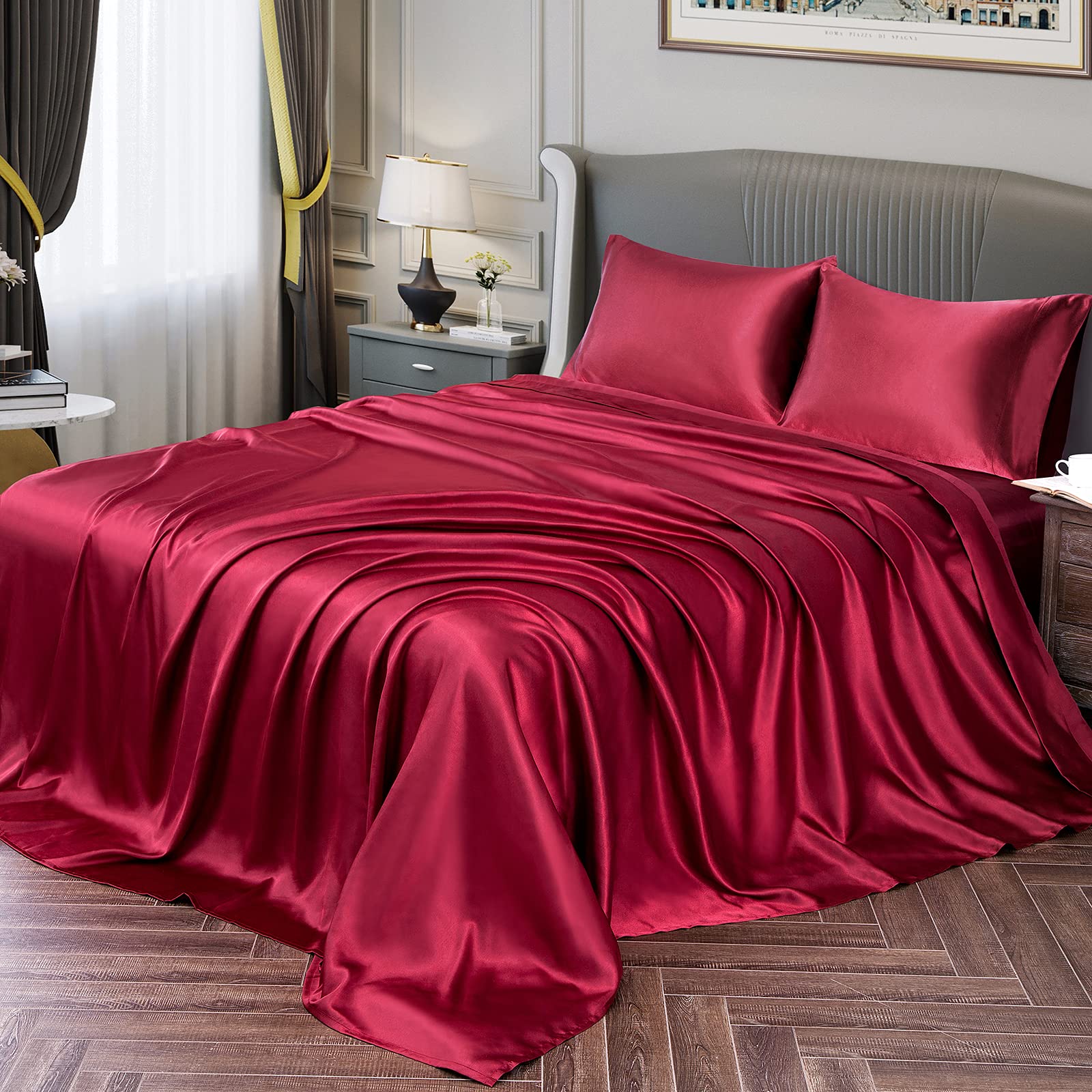 Vonty Satin Sheets King Size Silky Soft Satin Bed Sheets Burgundy Satin Sheet Set, 1 Deep Pocket Fitted Sheet + 1 Flat Sheet + 2
