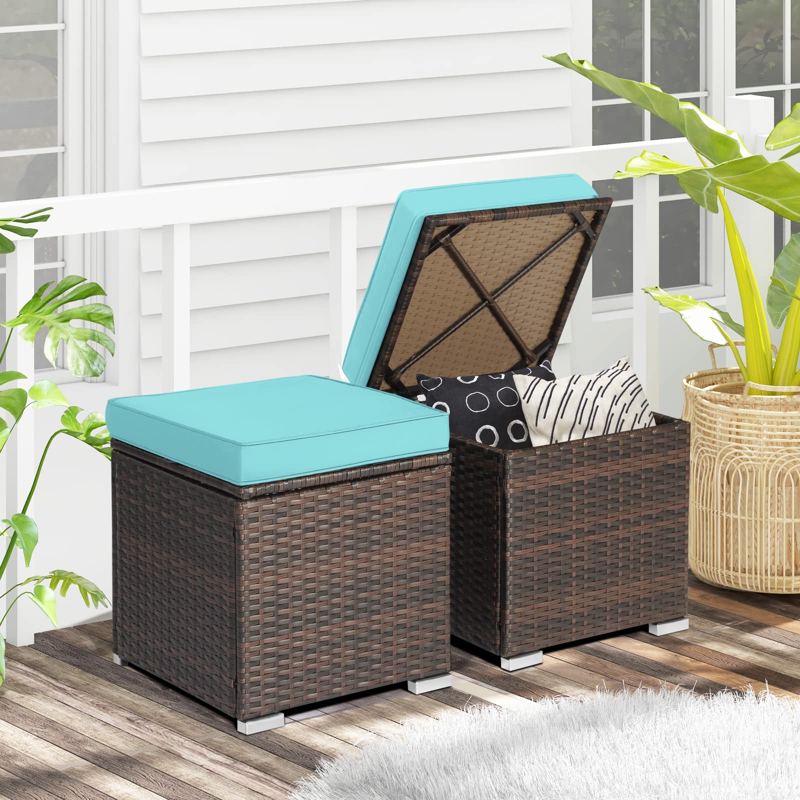 Oralner 16' Outdoor Ottoman, Set Of 2 Wicker Ottoman With Storage, All-Weather Rattan Cube Footstool W/Removable Cushions, Square Foot Rest Seating For Patio, Porch, Deck, Easy Assembly (Turquoise)
