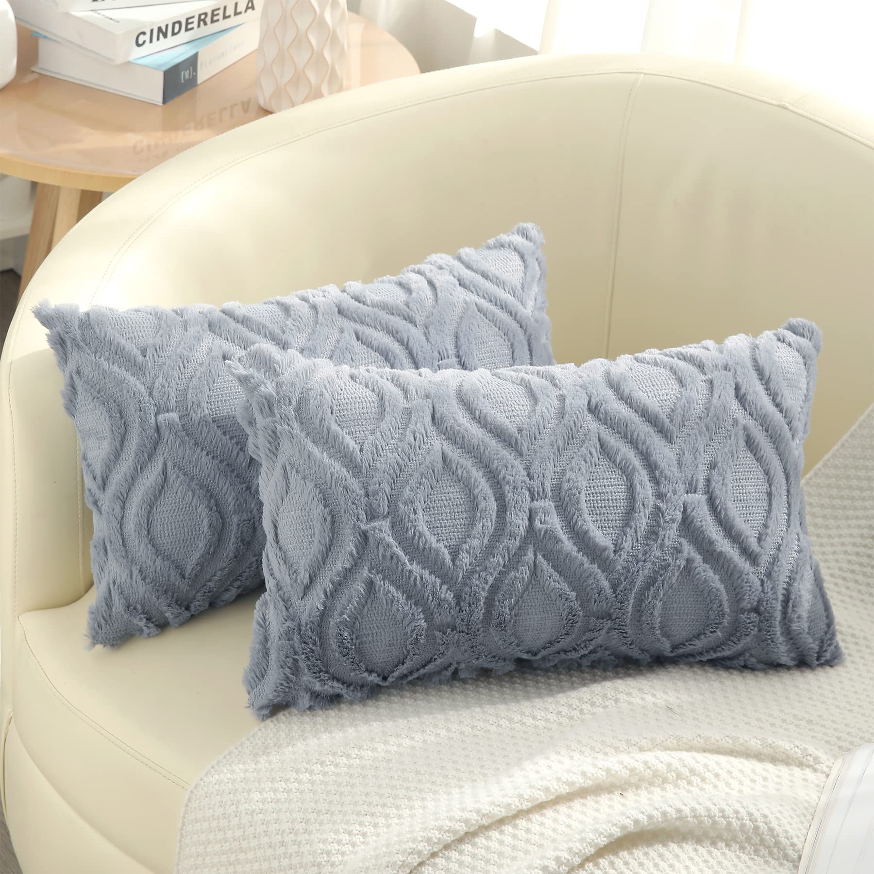Decoruhome Decorative Throw Pillow Covers 12X20, Soft Plush Faux Wool Lumbar Couch Pillow Covers Set Of 2, Blue Grey