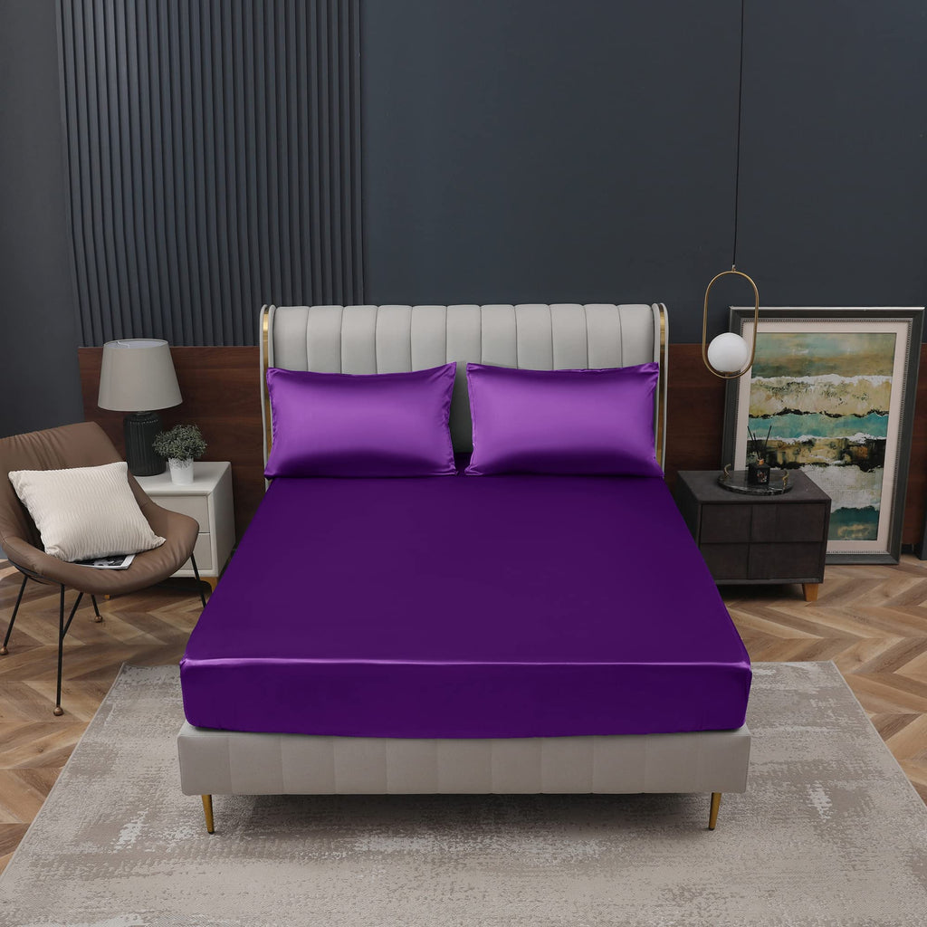 Homiest Purple Satin Fitted Sheet Queen Size Fitted Bed Sheet, Deep Pocket Fitted Sheet Only, Luxury & Ultra Soft Bedding Fitted Sheet Single Bottom Bed Sheets Sold Separately