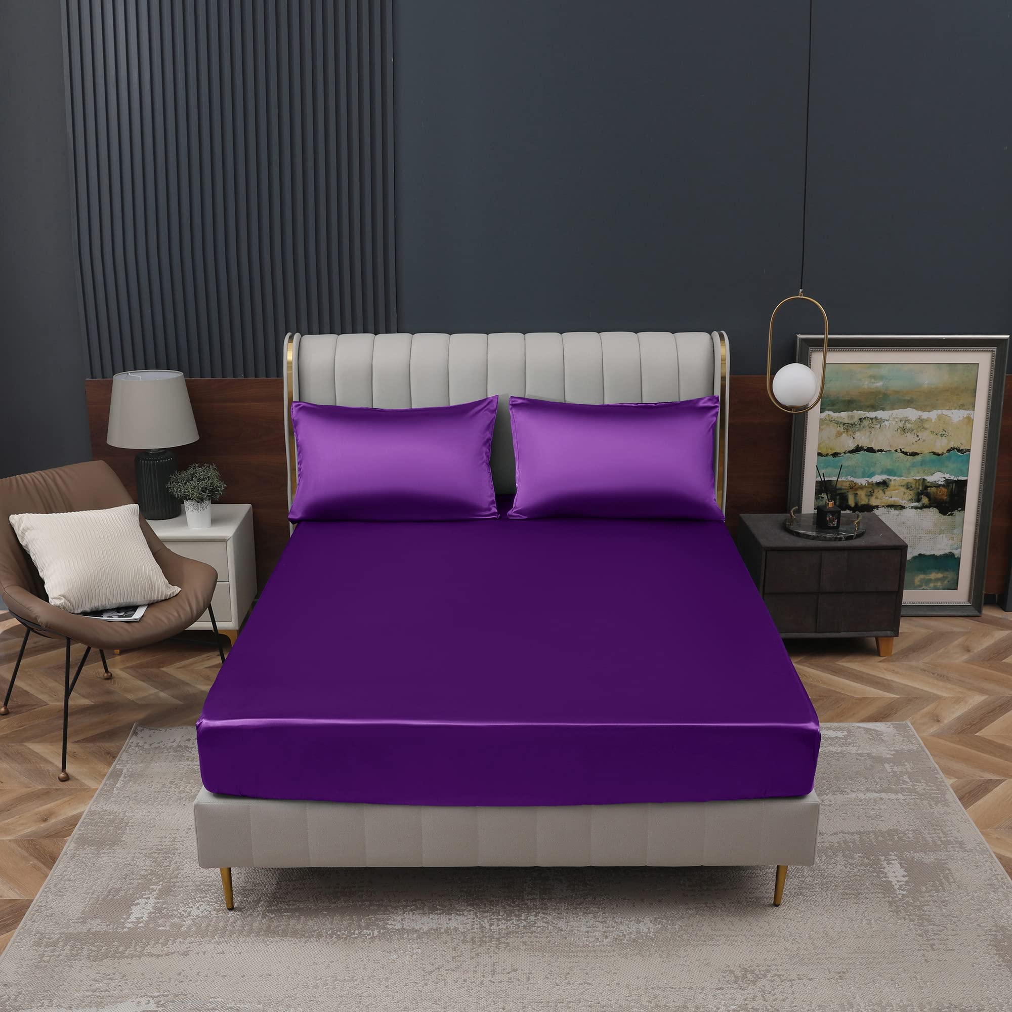 Homiest Purple Satin Fitted Sheet Queen Size Fitted Bed Sheet, Deep Pocket Fitted Sheet Only, Luxury & Ultra Soft Bedding Fitted Sheet Single Bottom Bed Sheets Sold Separately